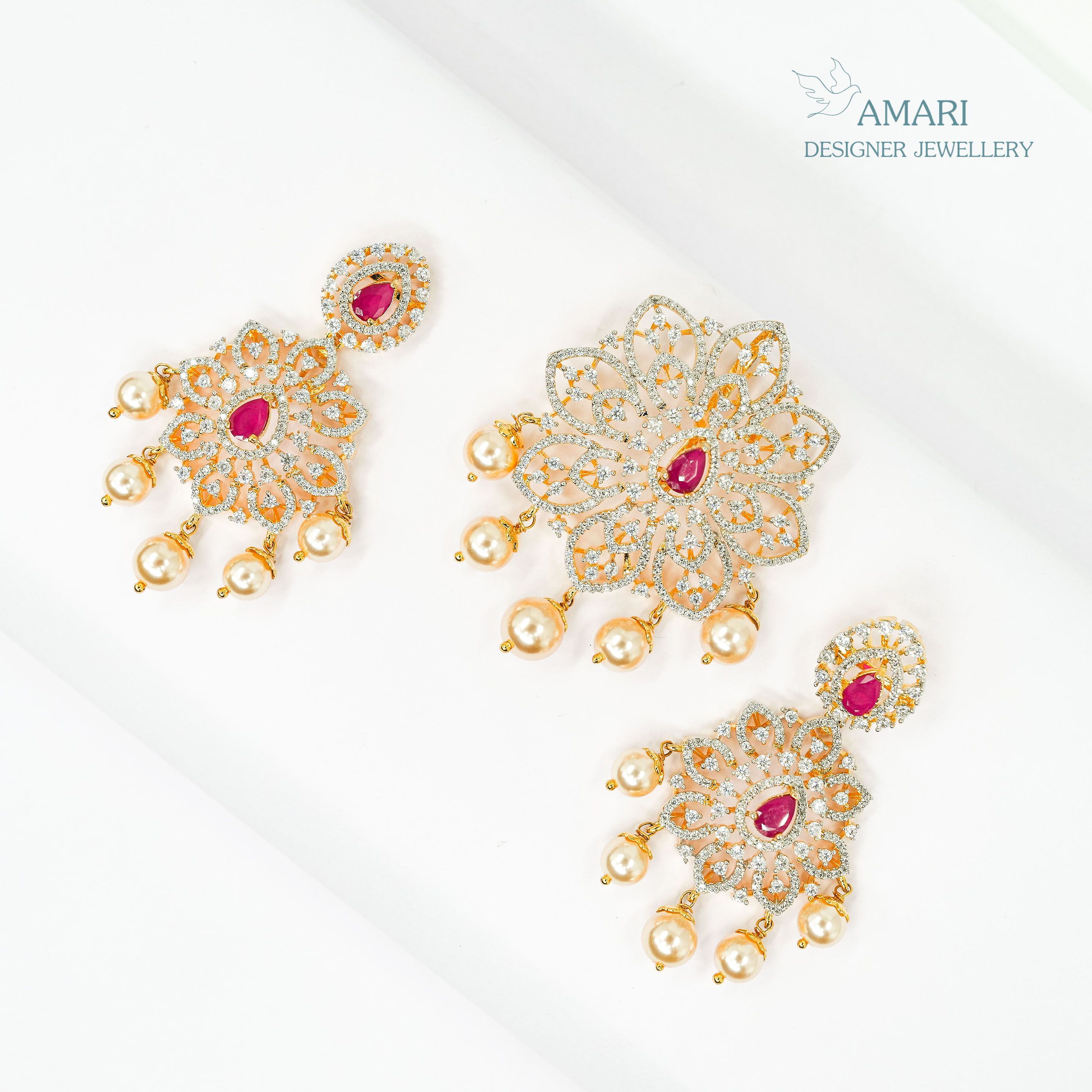 Embellished Ruby With Pearls Pendant Set -