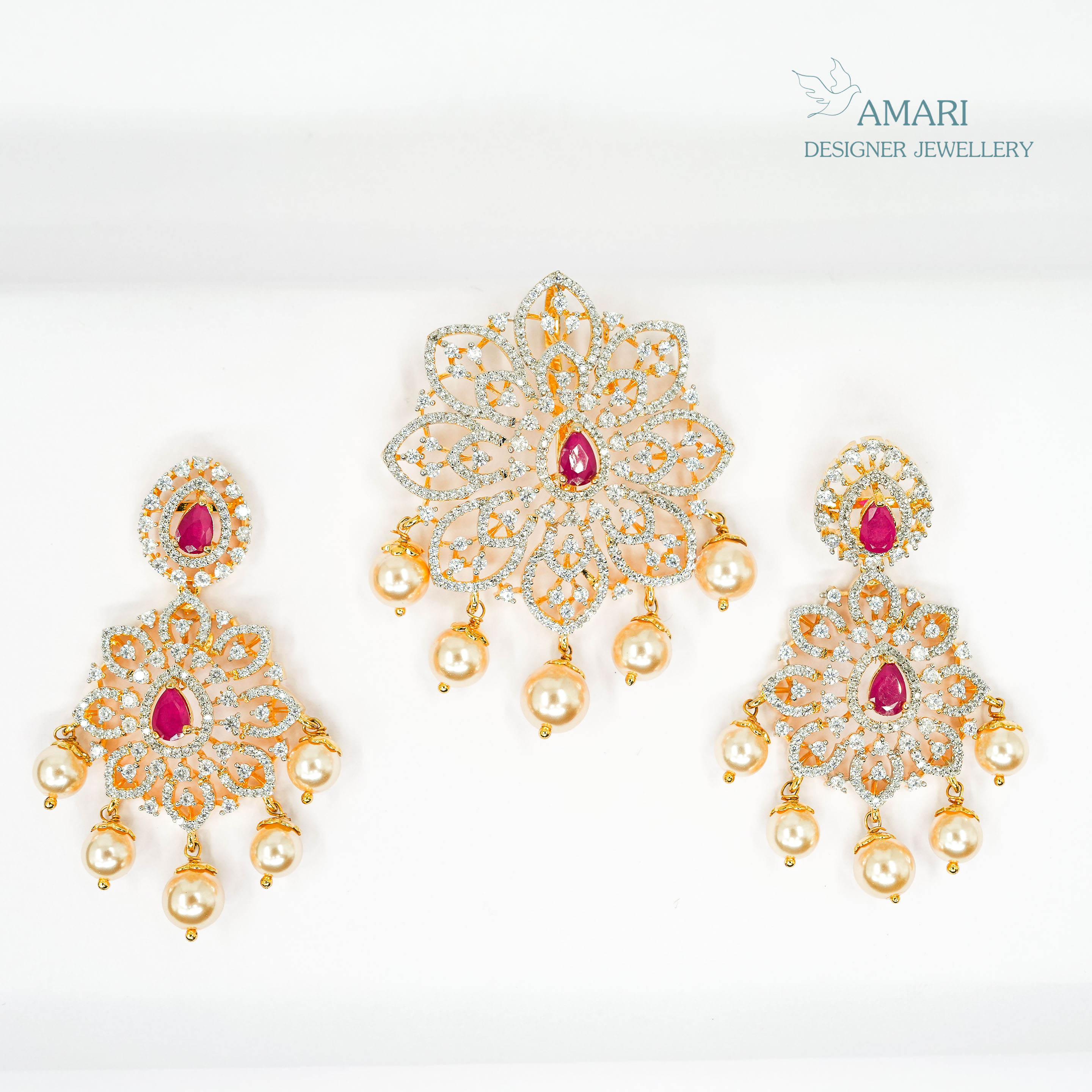 Embellished Ruby With Pearls Pendant Set -