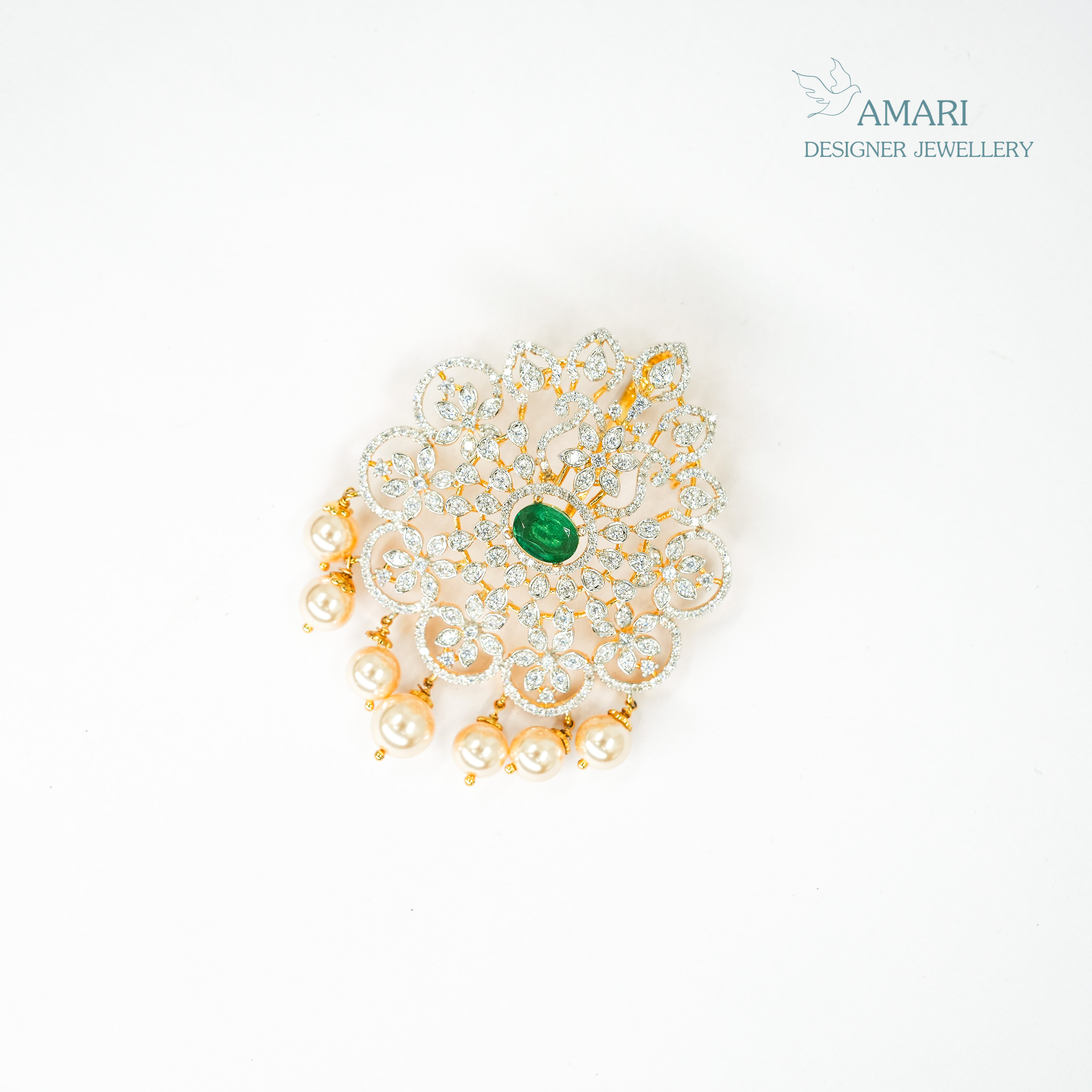 Dazzling Bloom With Emerald Stud Pendant set -