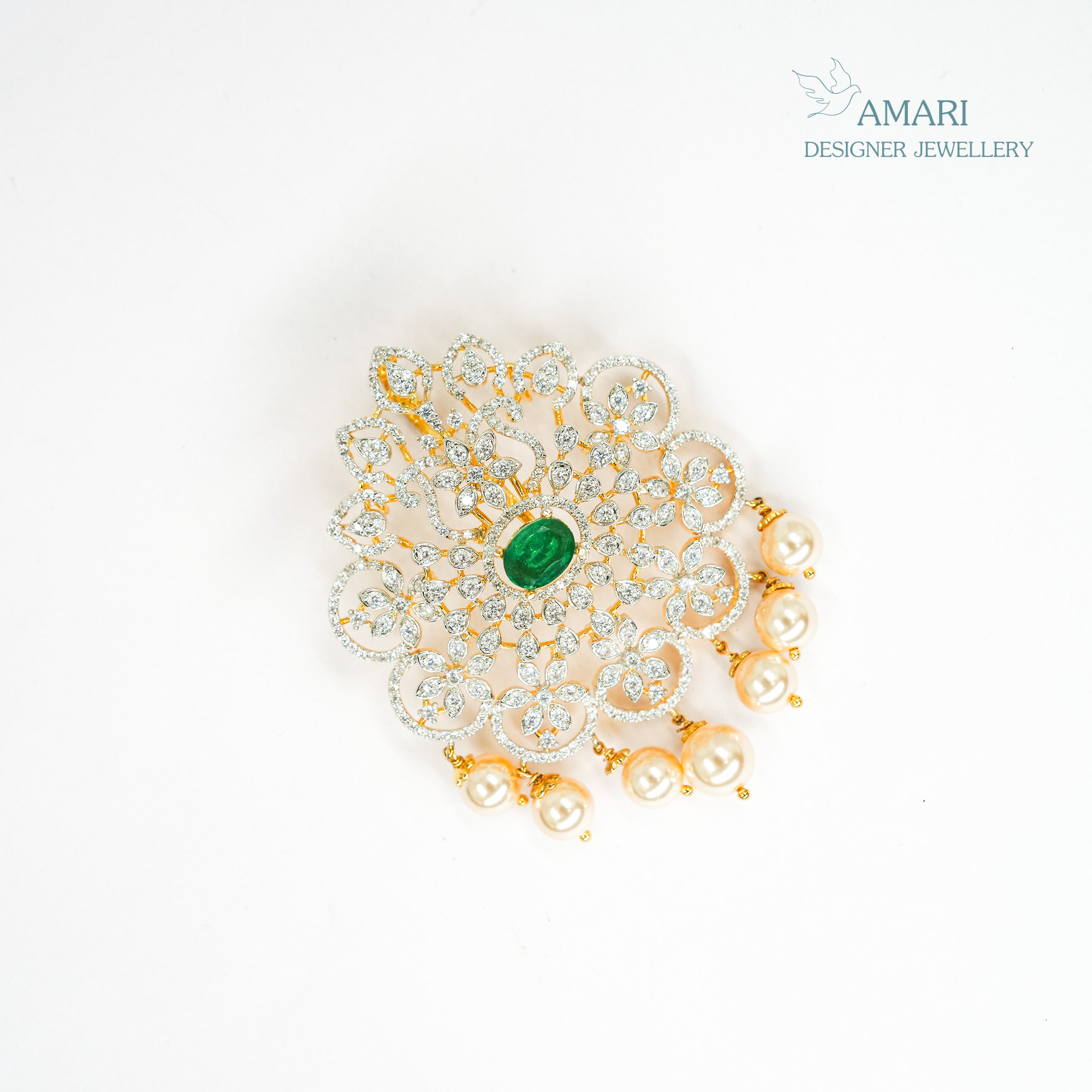 Dazzling Bloom With Emerald Stud Pendant set -