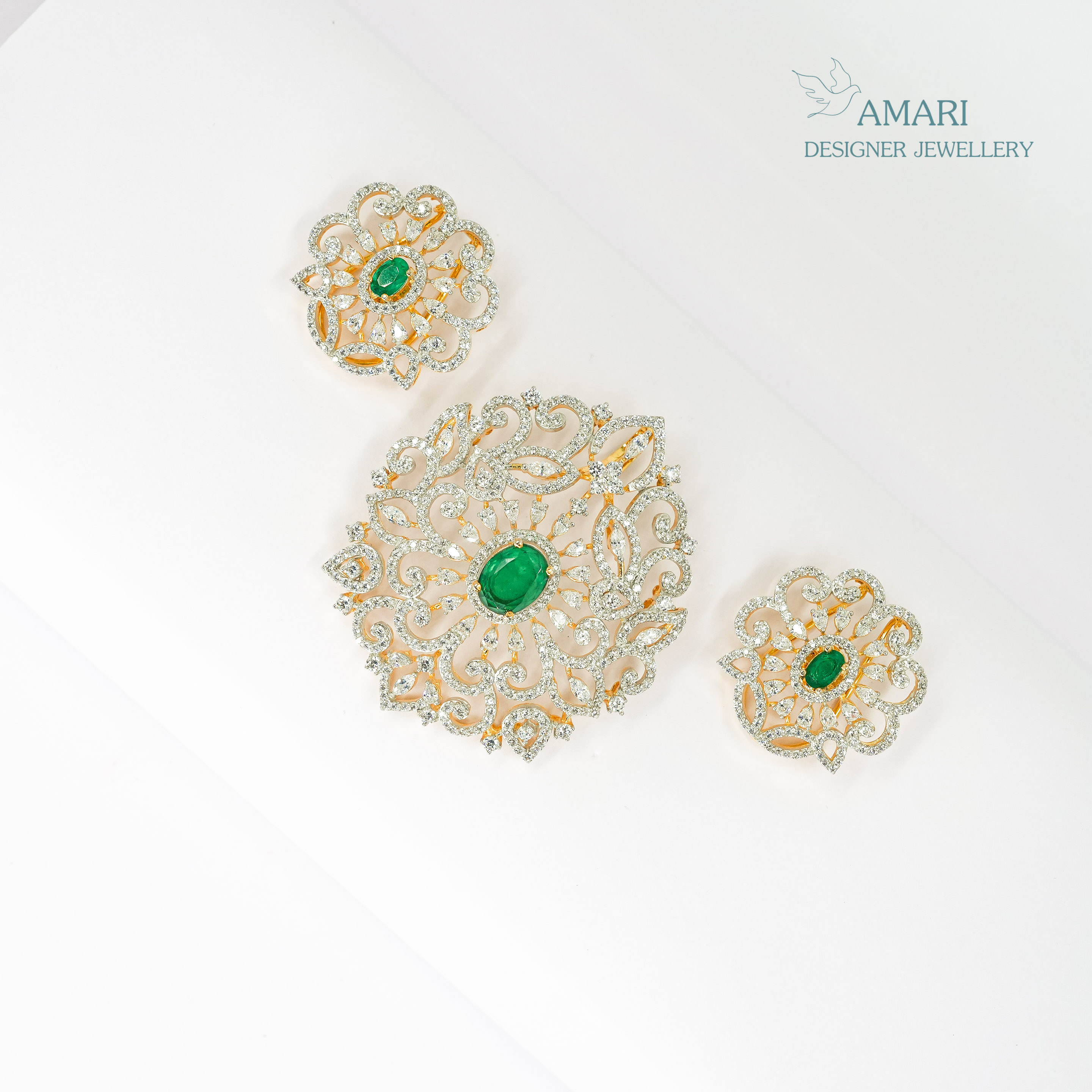 Emerald Cut And Wraparound Designer Pendant Set -