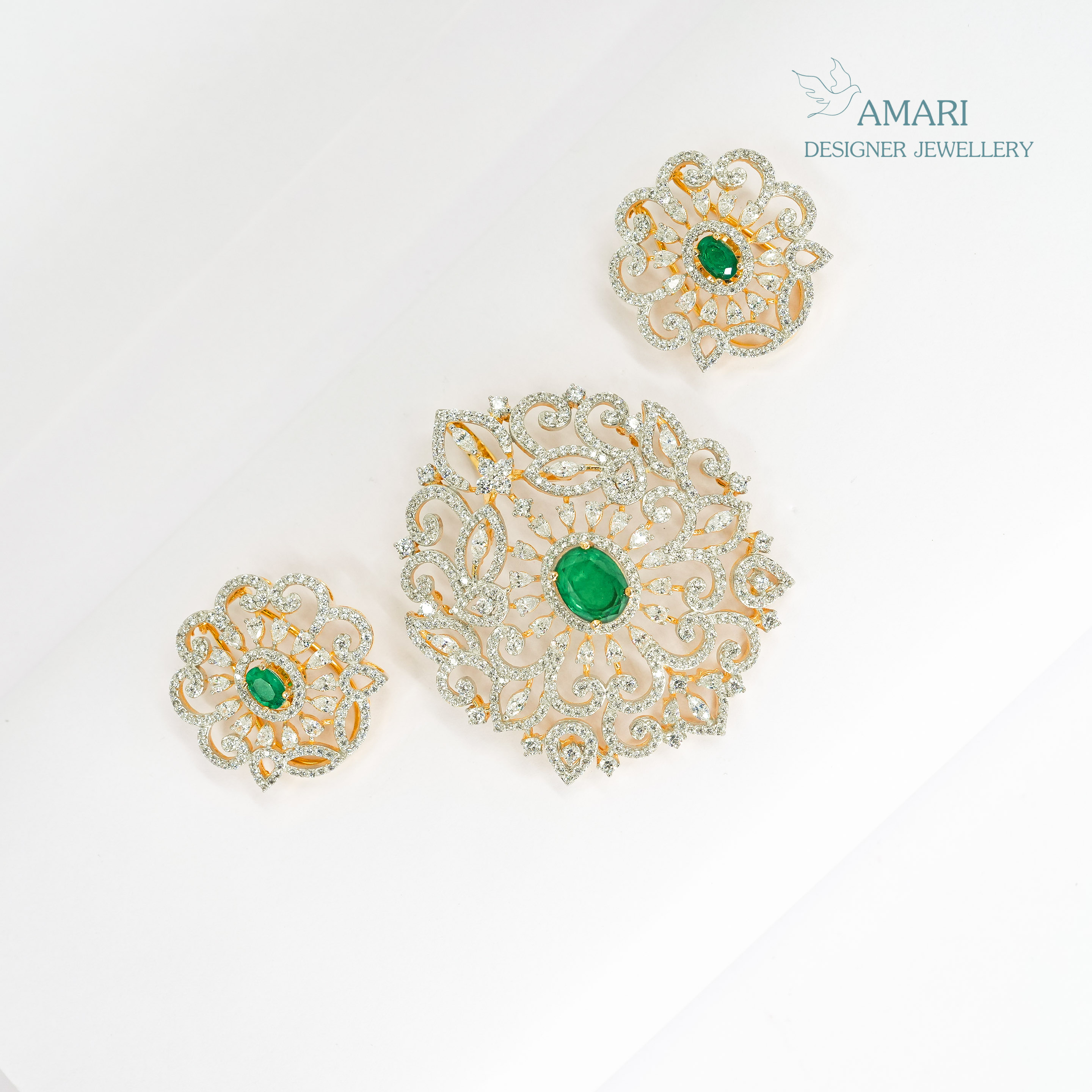 Emerald Cut And Wraparound Designer Pendant Set -