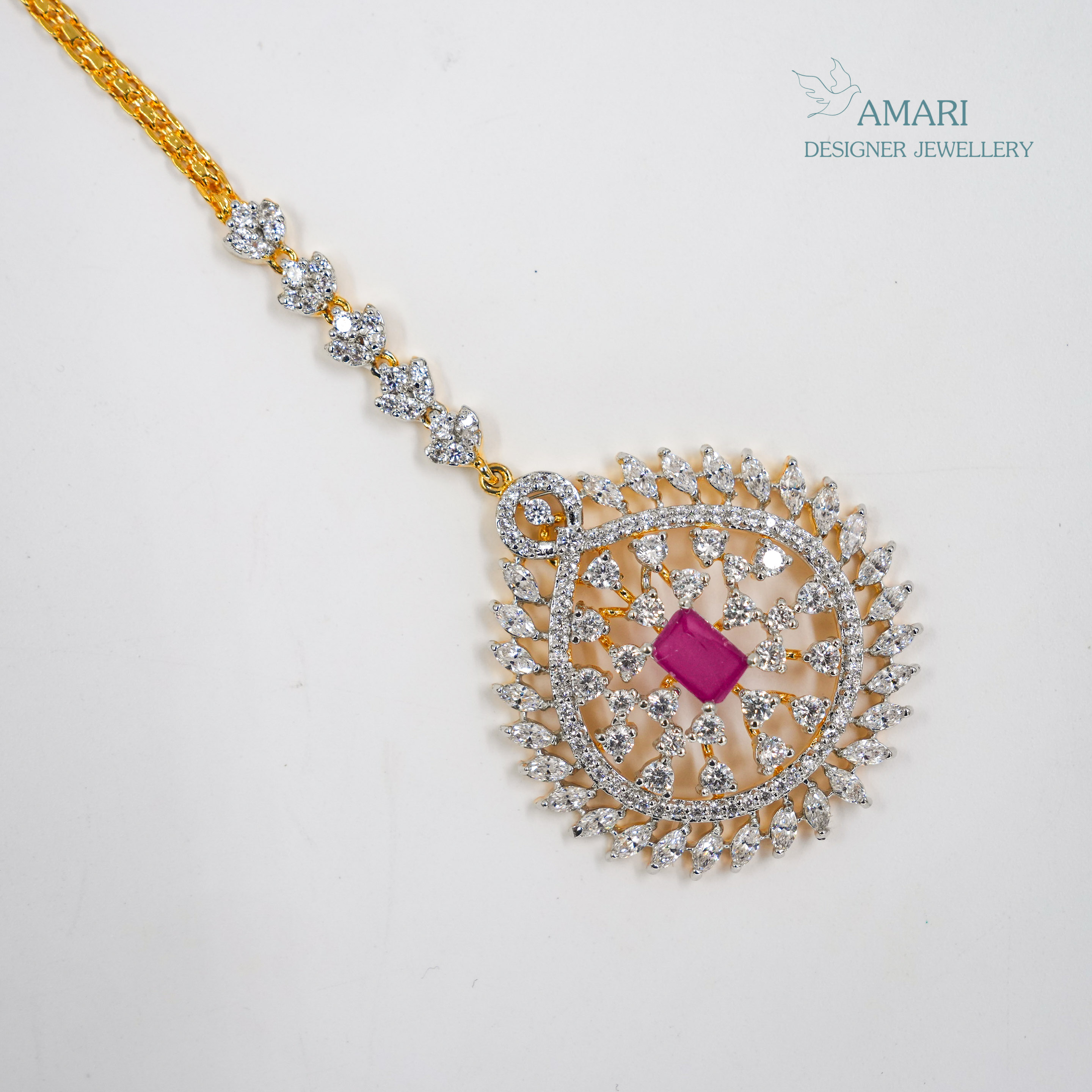 Ruby Red Floral Patterned Silver Maangtika -