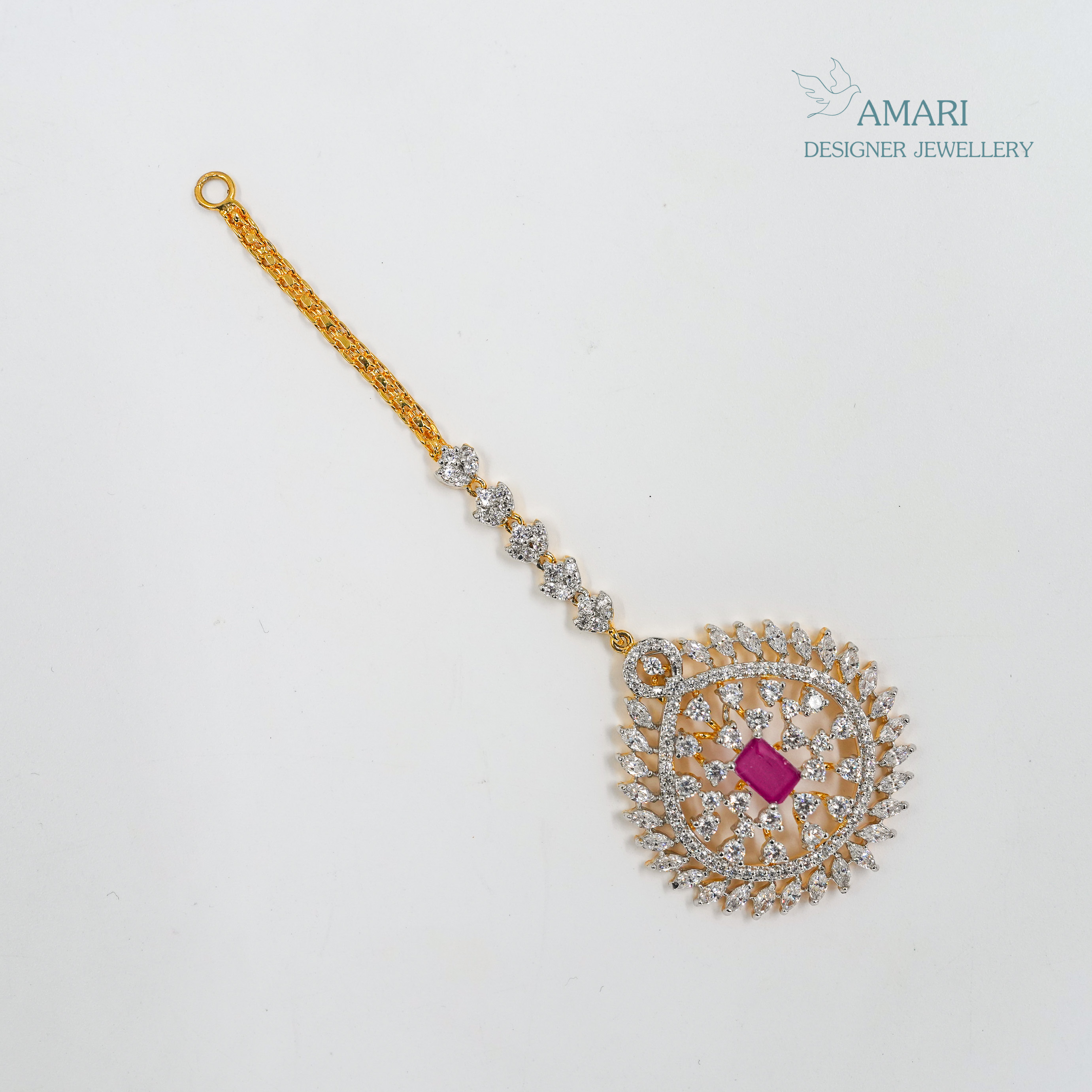 Ruby Red Floral Patterned Silver Maangtika -