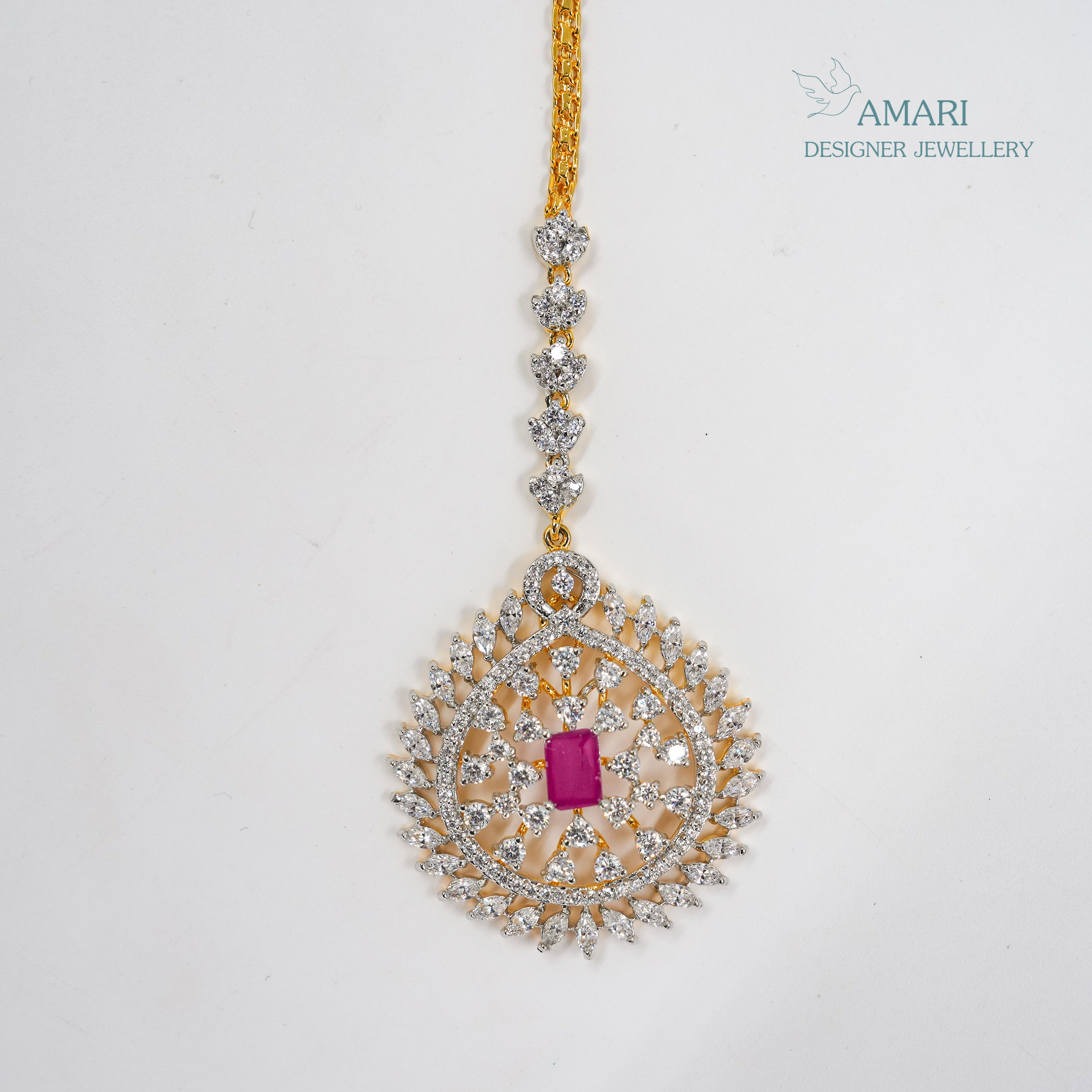 Ruby Red Floral Patterned Silver Maangtika -