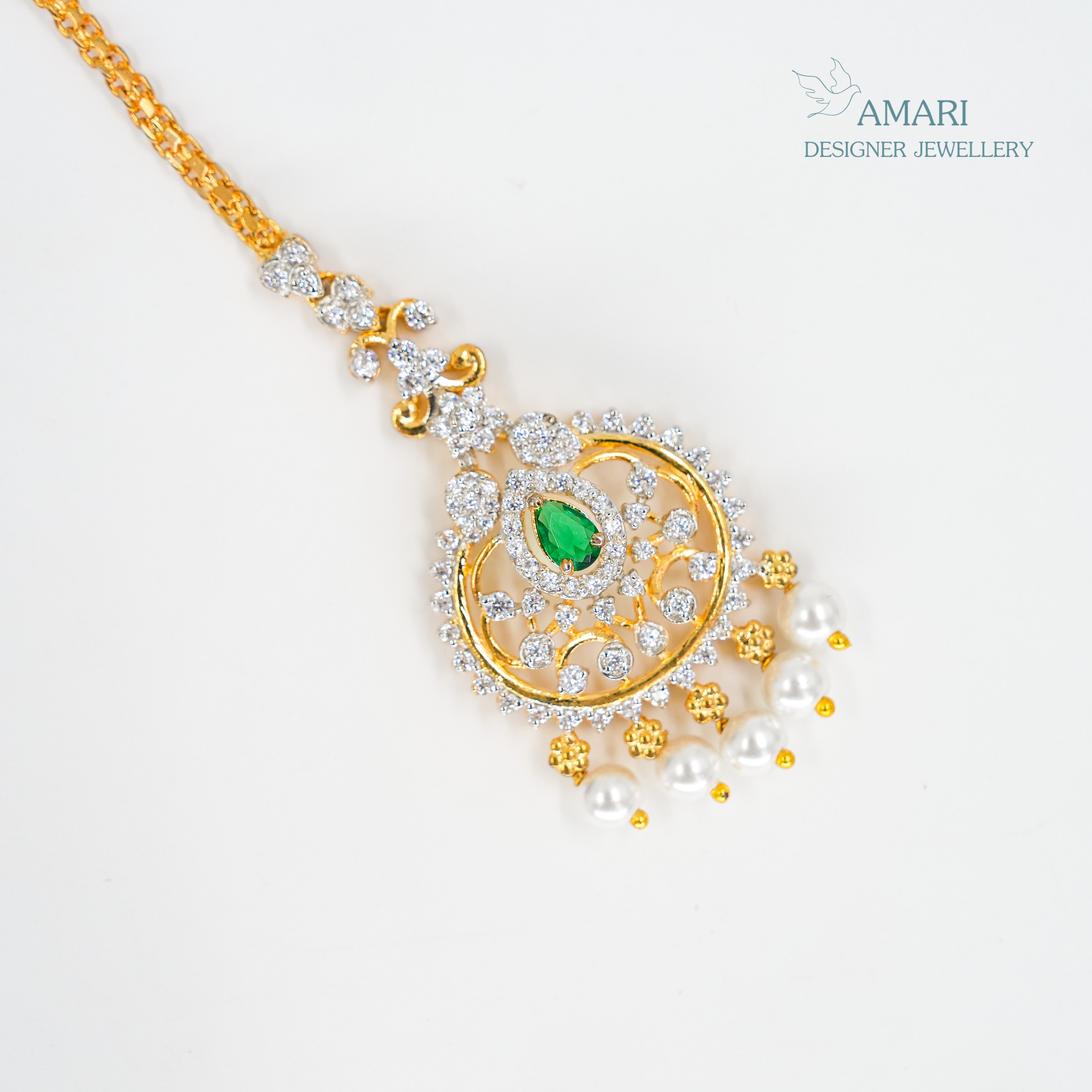 Emerald Studded With Beautiful Pearls Silver Maangtika -