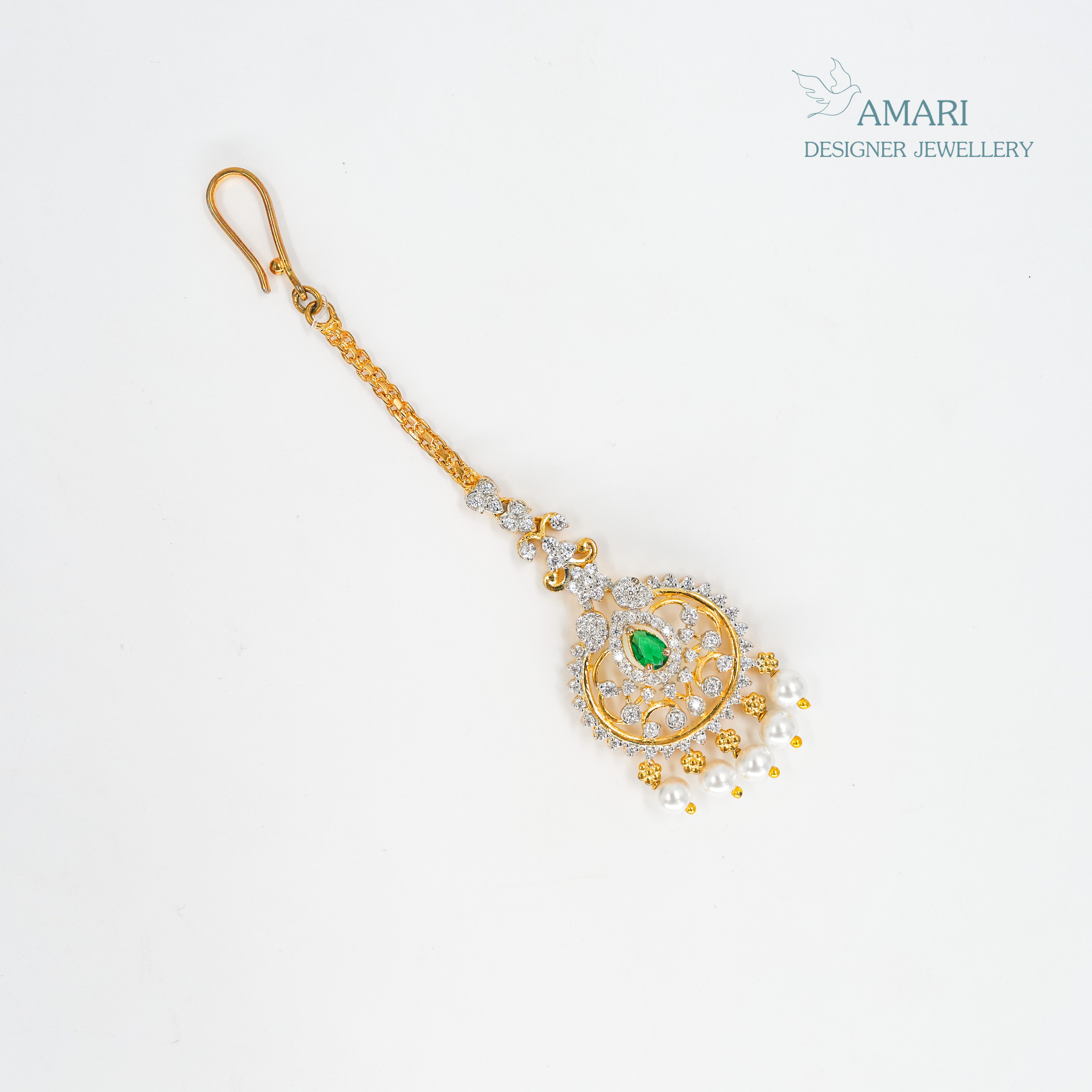 Emerald Studded With Beautiful Pearls Silver Maangtika -
