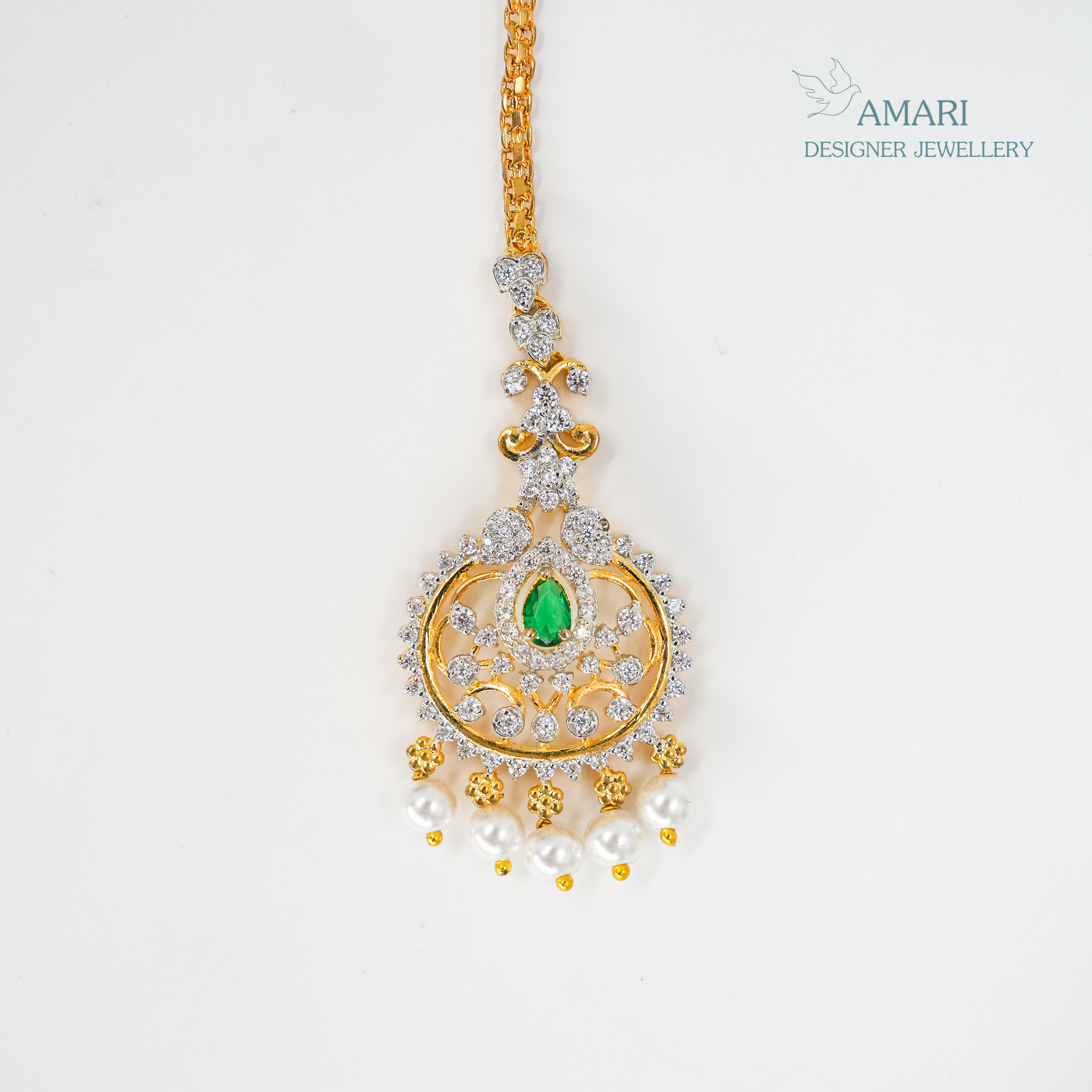 Emerald Studded With Beautiful Pearls Silver Maangtika -