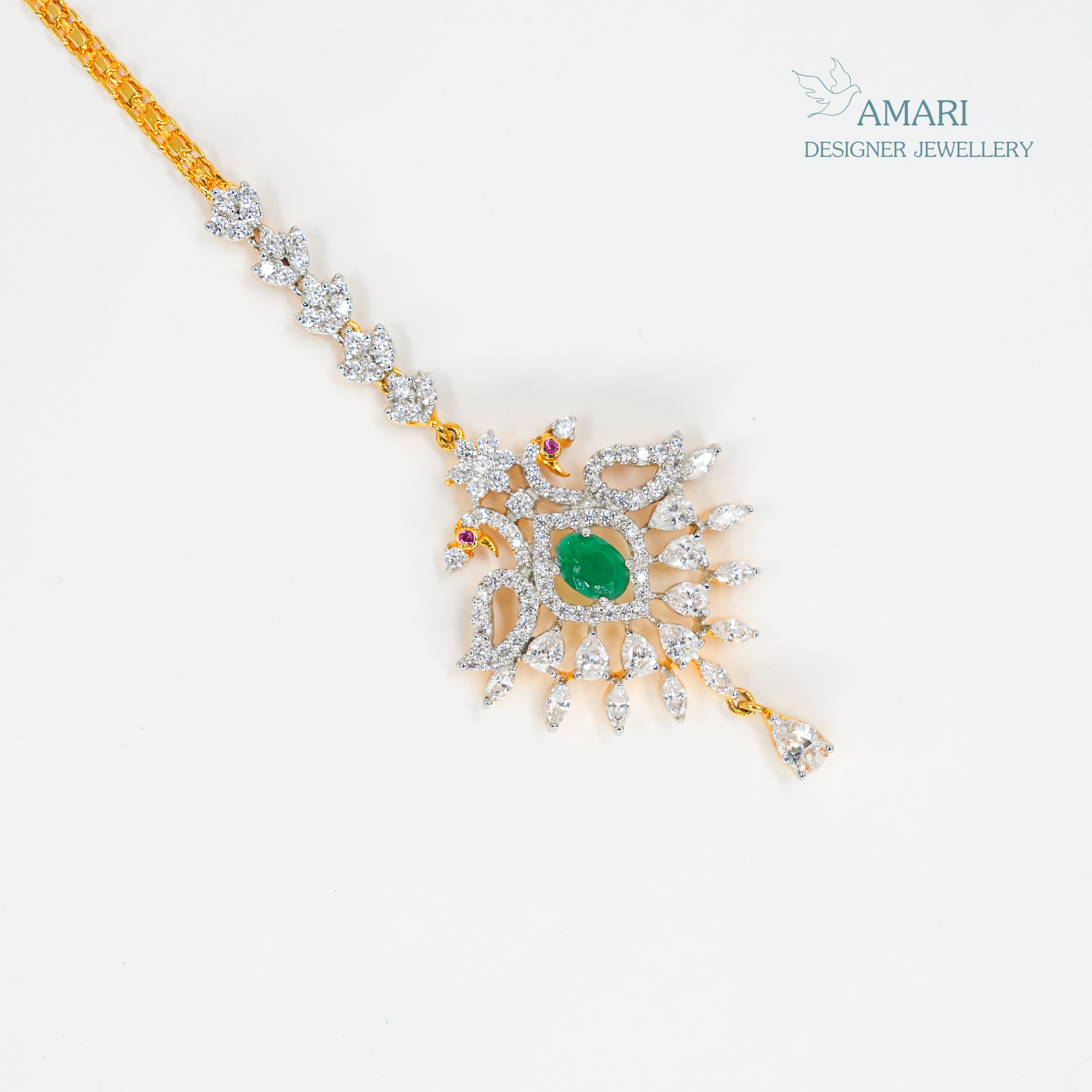 Emerald Cut With Peacock Design Silver Maangtika -