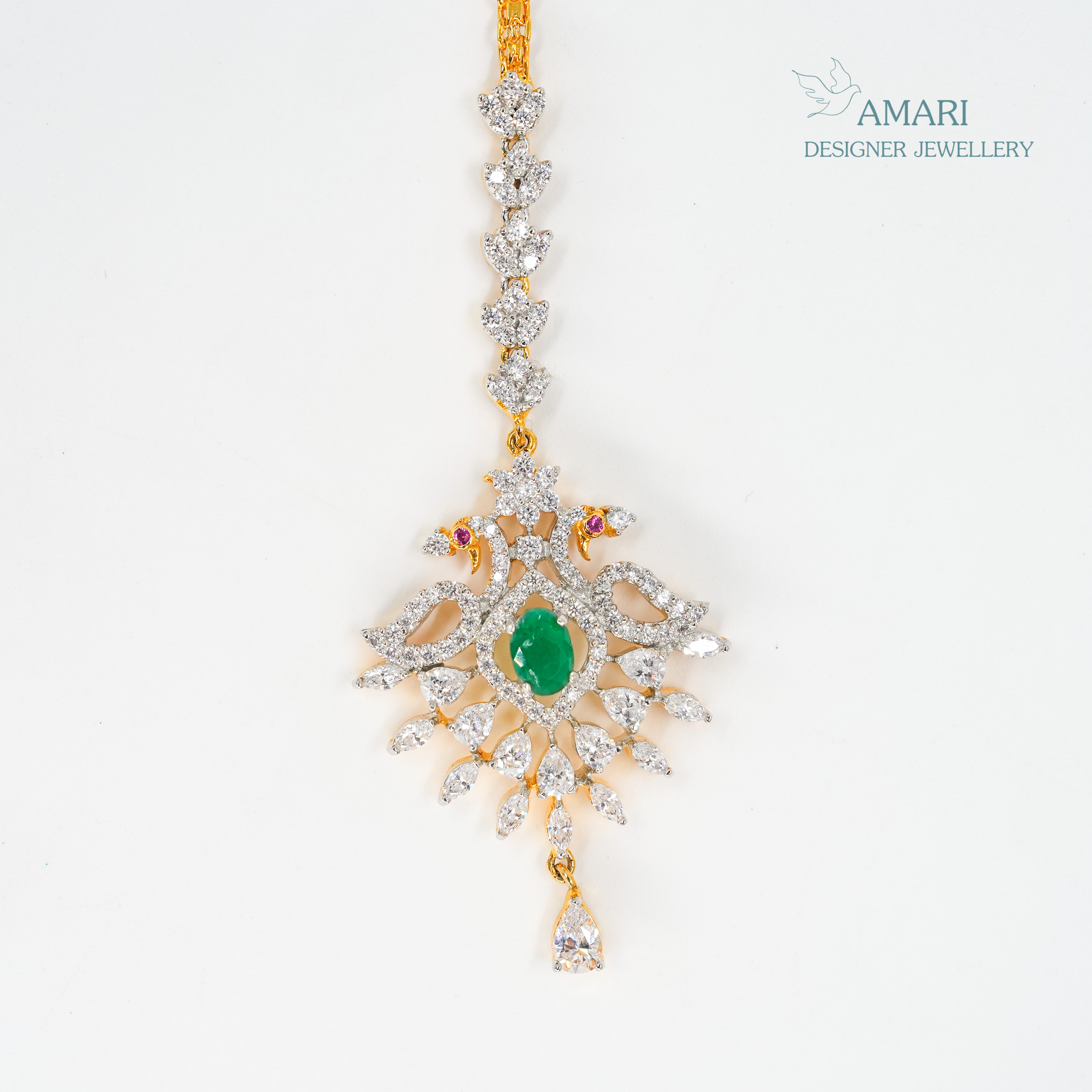 Emerald Cut With Peacock Design Silver Maangtika -