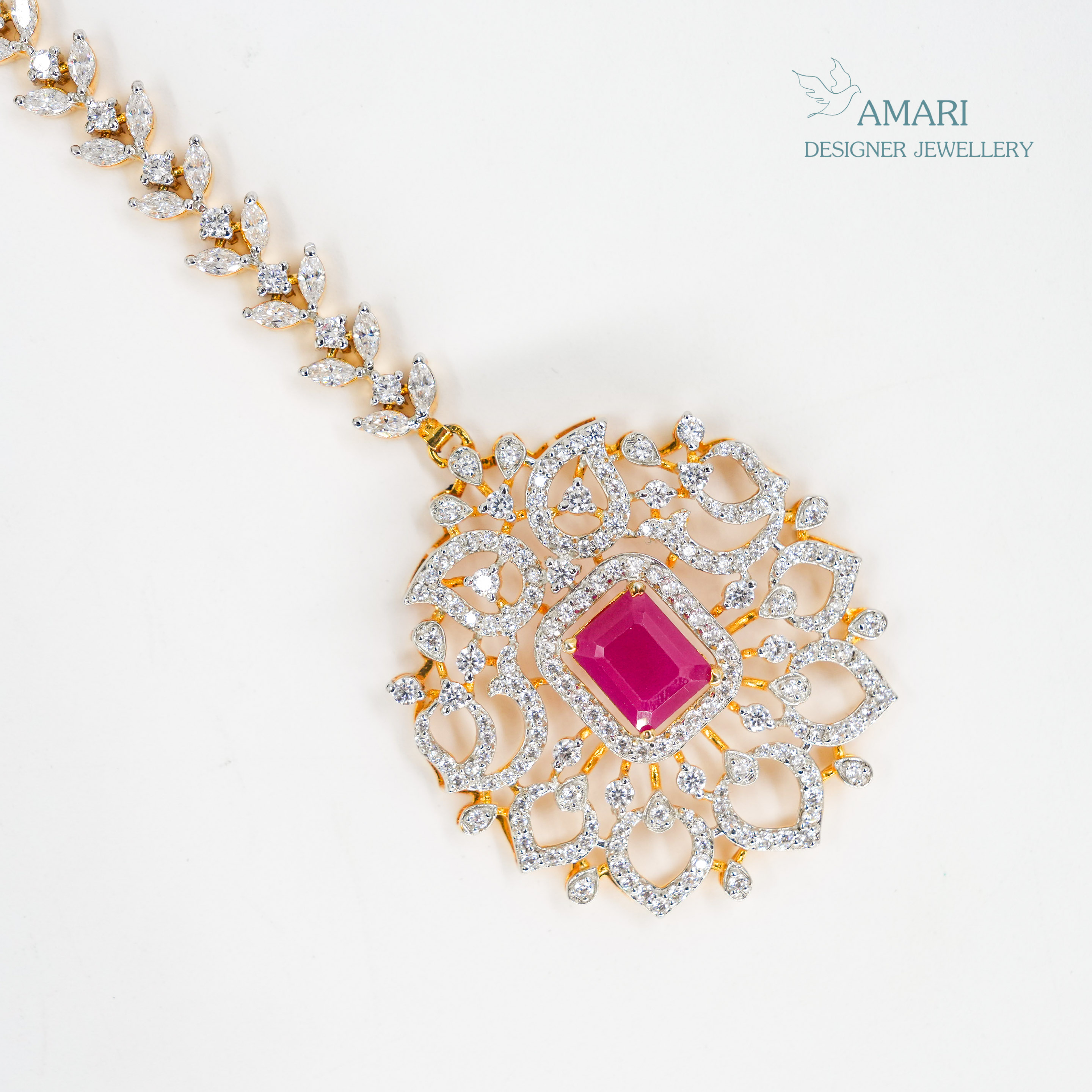 Ruby Red Leaf Cut Silver Maangtika -