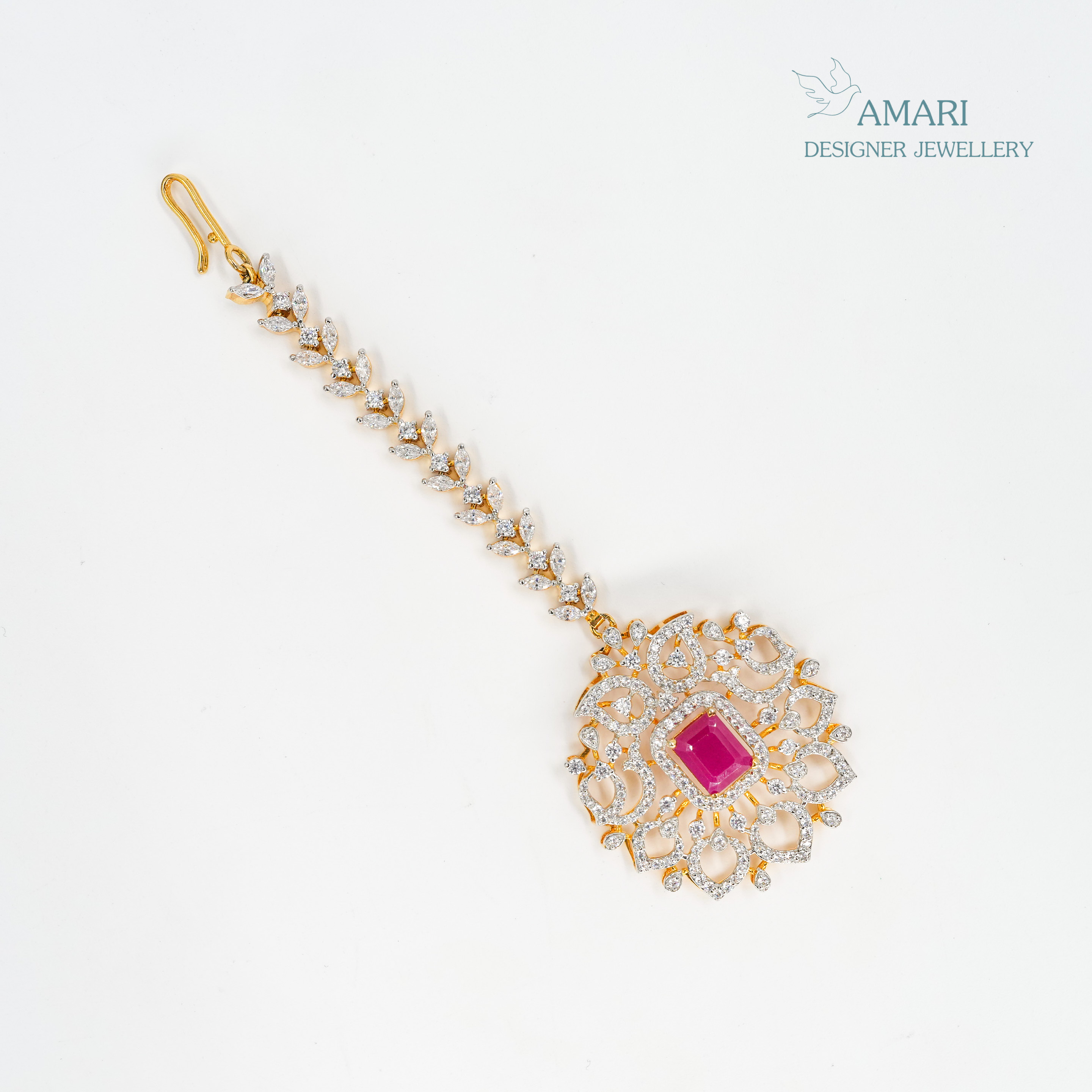 Ruby Red Leaf Cut Silver Maangtika -