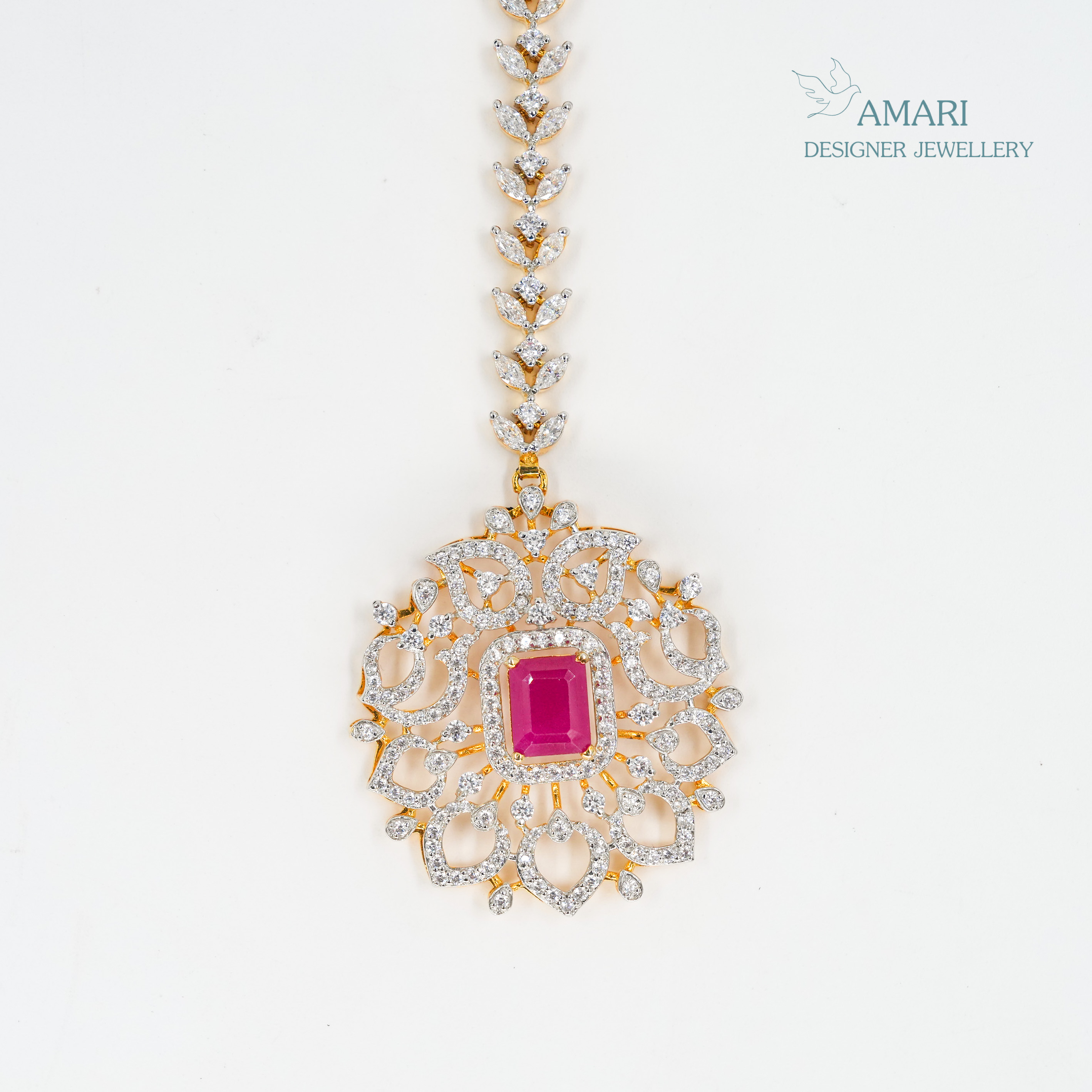 Ruby Red Leaf Cut Silver Maangtika -