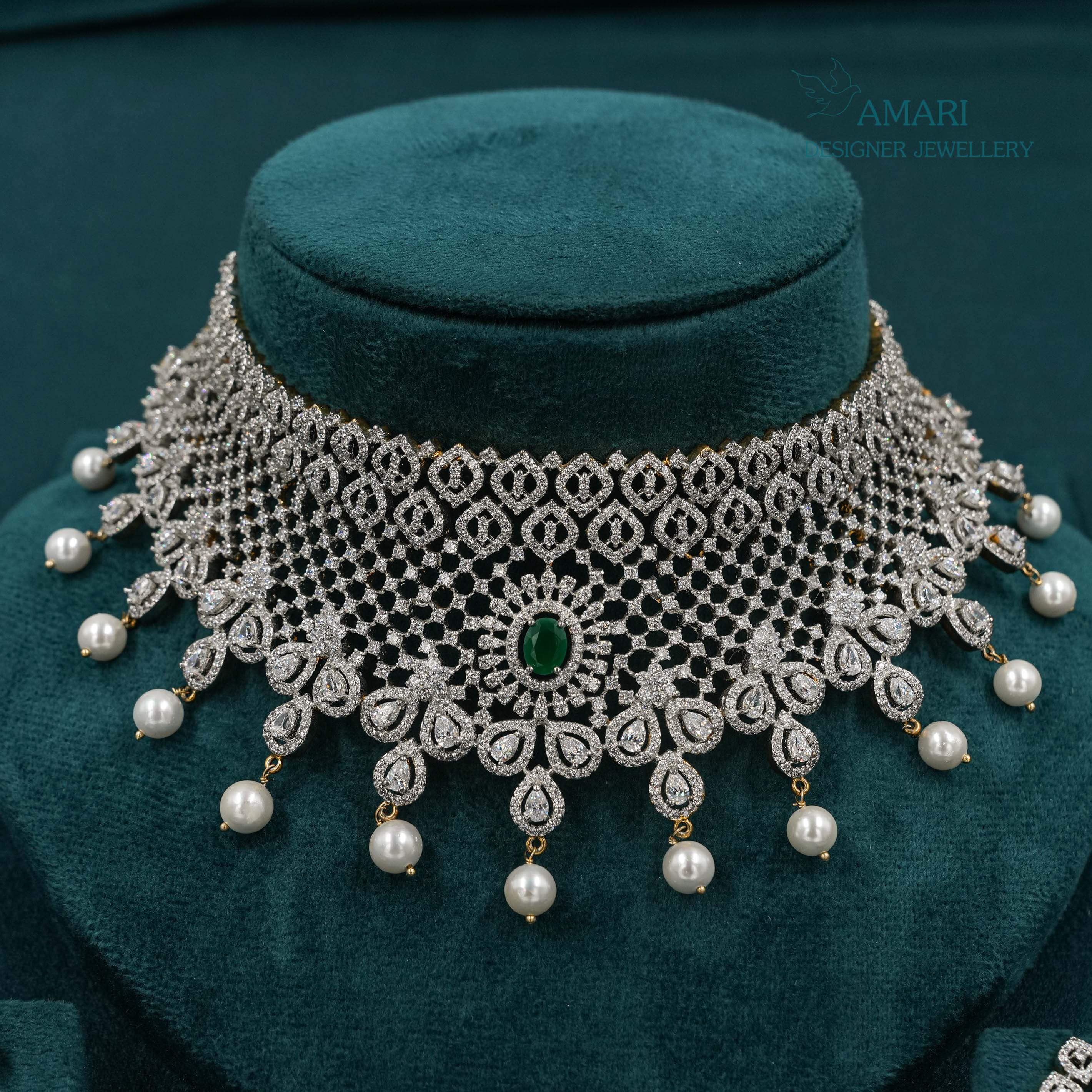 Dazzling Bloom With Pearls Silver Choker Set -