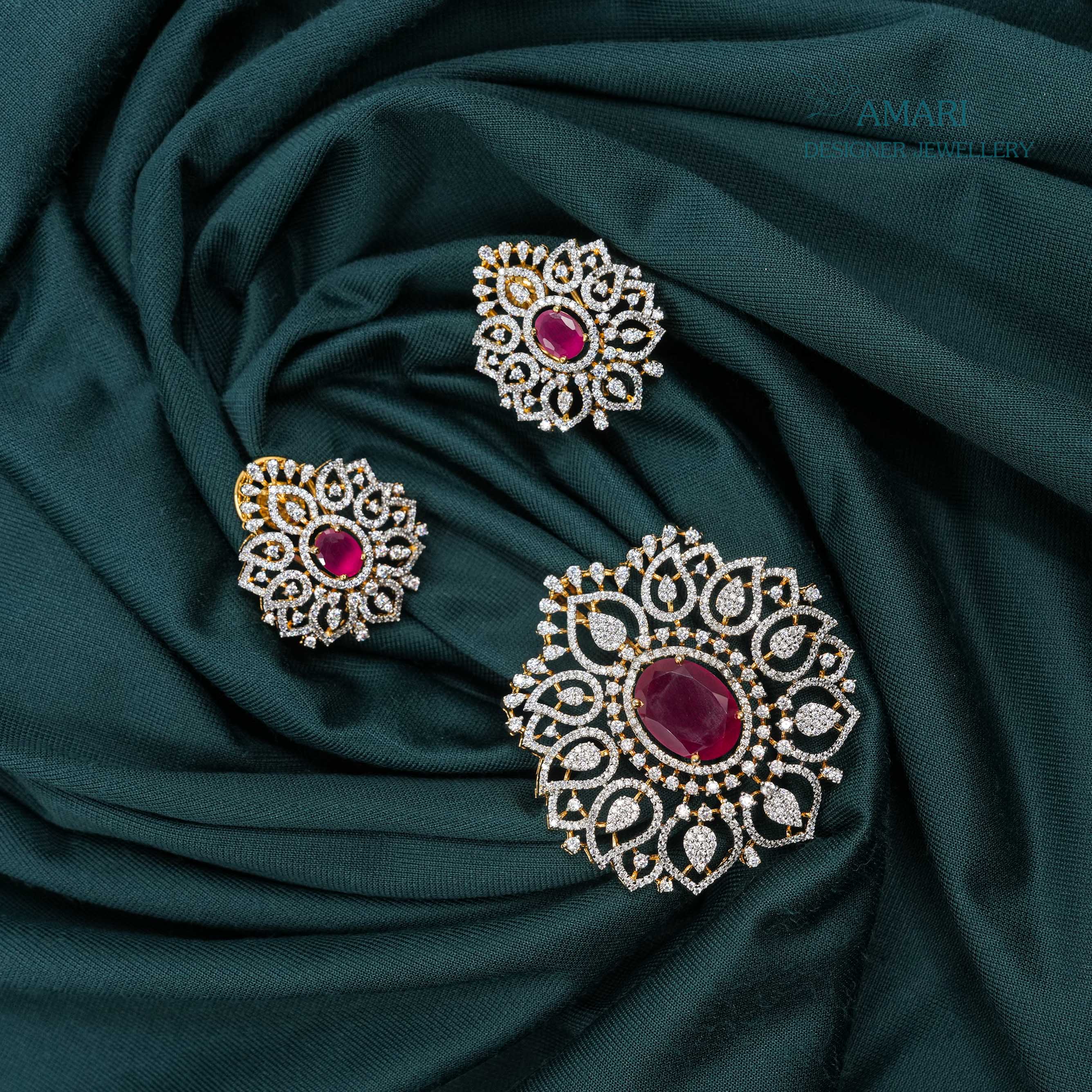 Dazzling Bloom With Color Stone Pendant Set