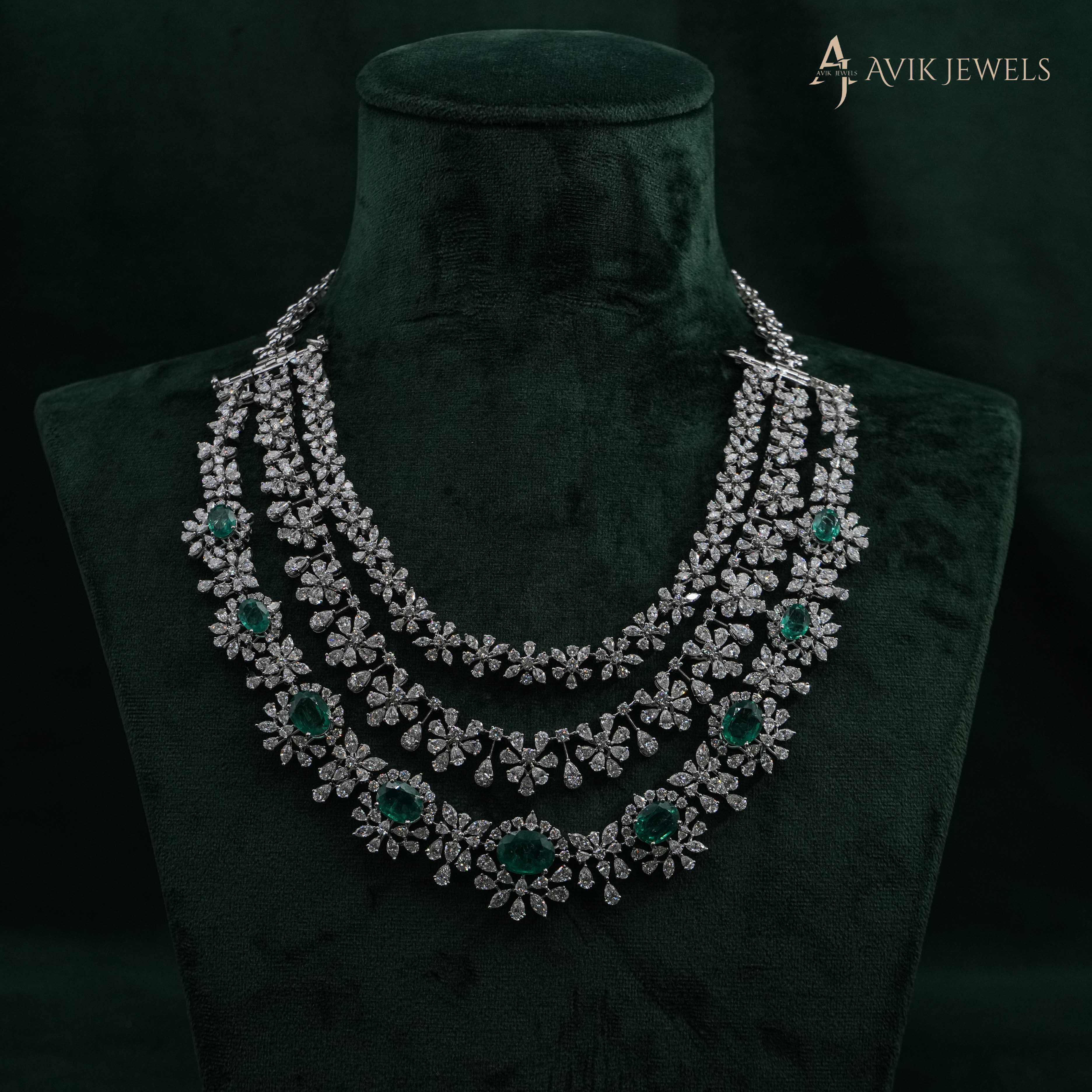 One Masterpiece, Infinite Styles.. The Convertible 18KT Multi Layered Lab Grown Diamond and Emerald Statement Necklace