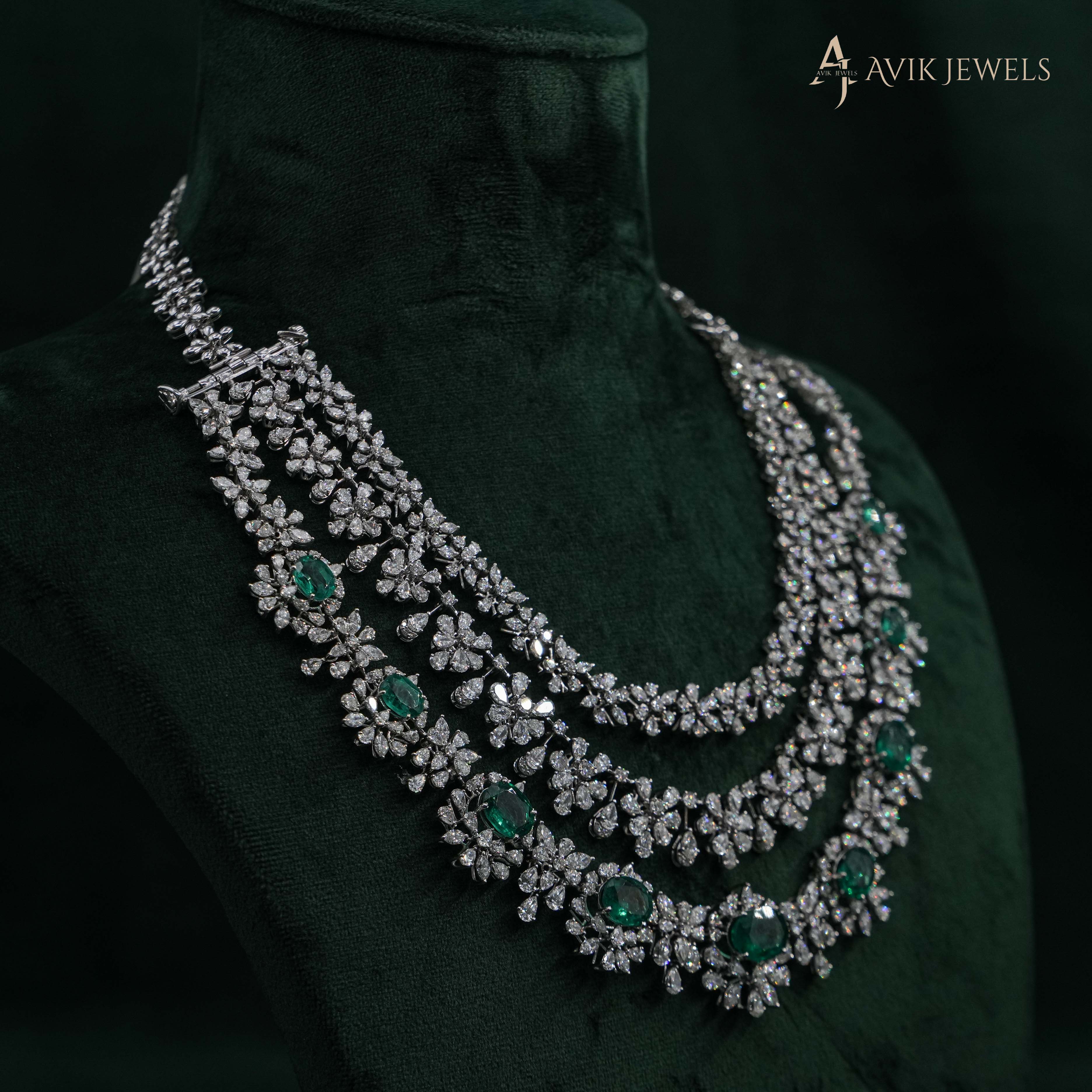 One Masterpiece, Infinite Styles.. The Convertible 18KT Multi Layered Lab Grown Diamond and Emerald Statement Necklace