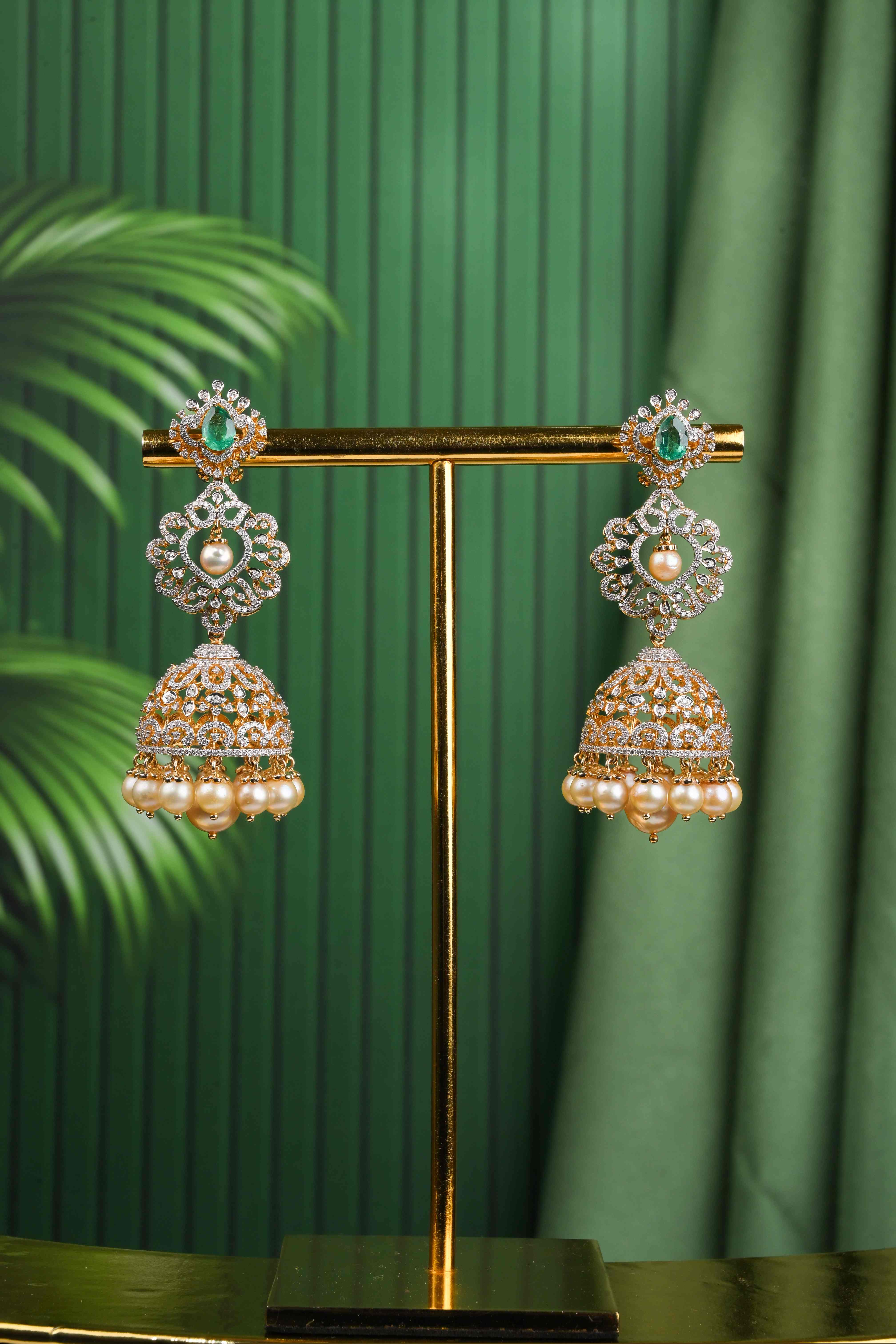 Brinda Gold and Diamonds - Dome-shaped jhumka with pearl danglers