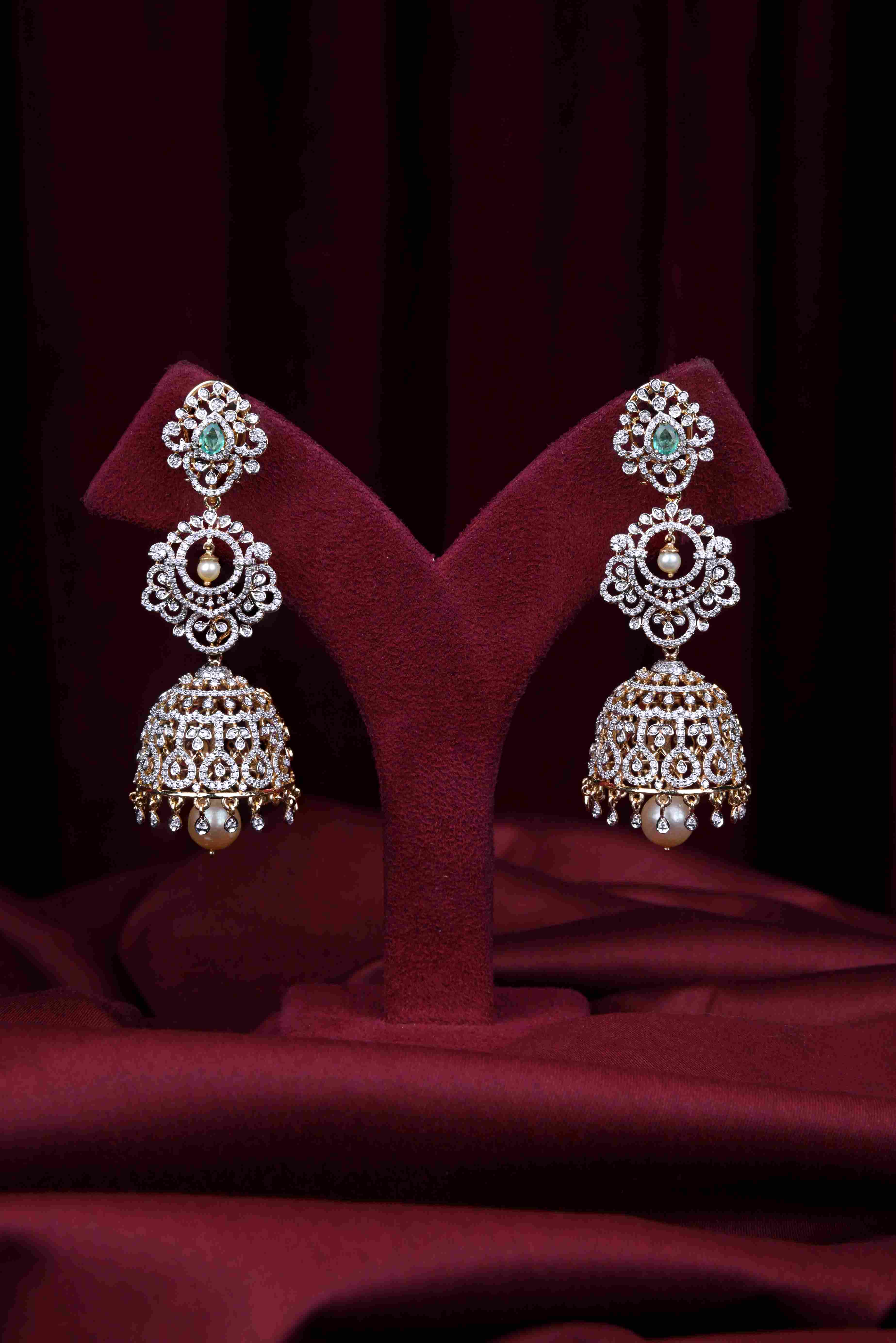 Brinda Gold and Diamonds - Emerald Pearl Royal Jhumka Earrings