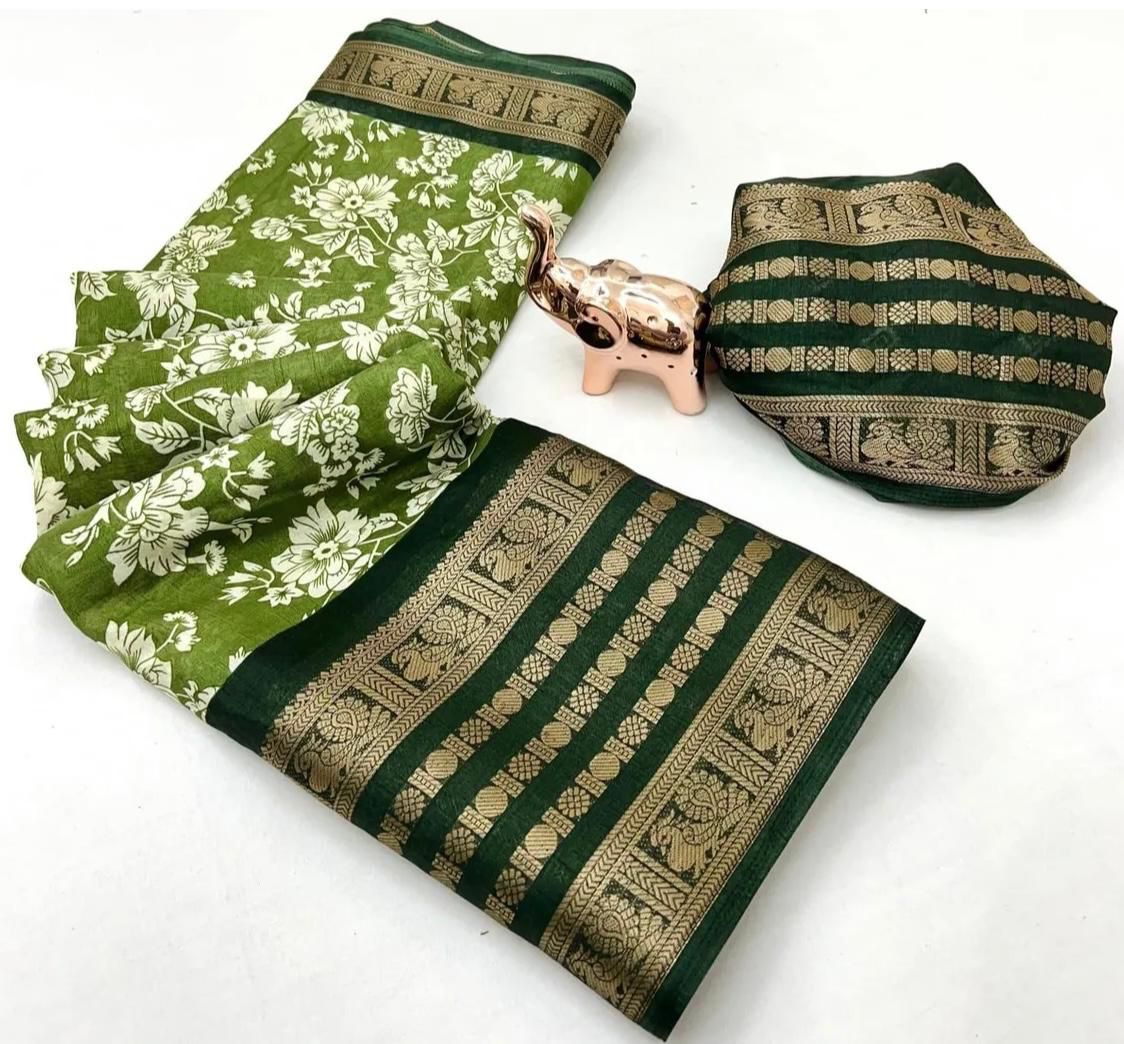 Diya sarees - Floral Printed Green Silk Sarees