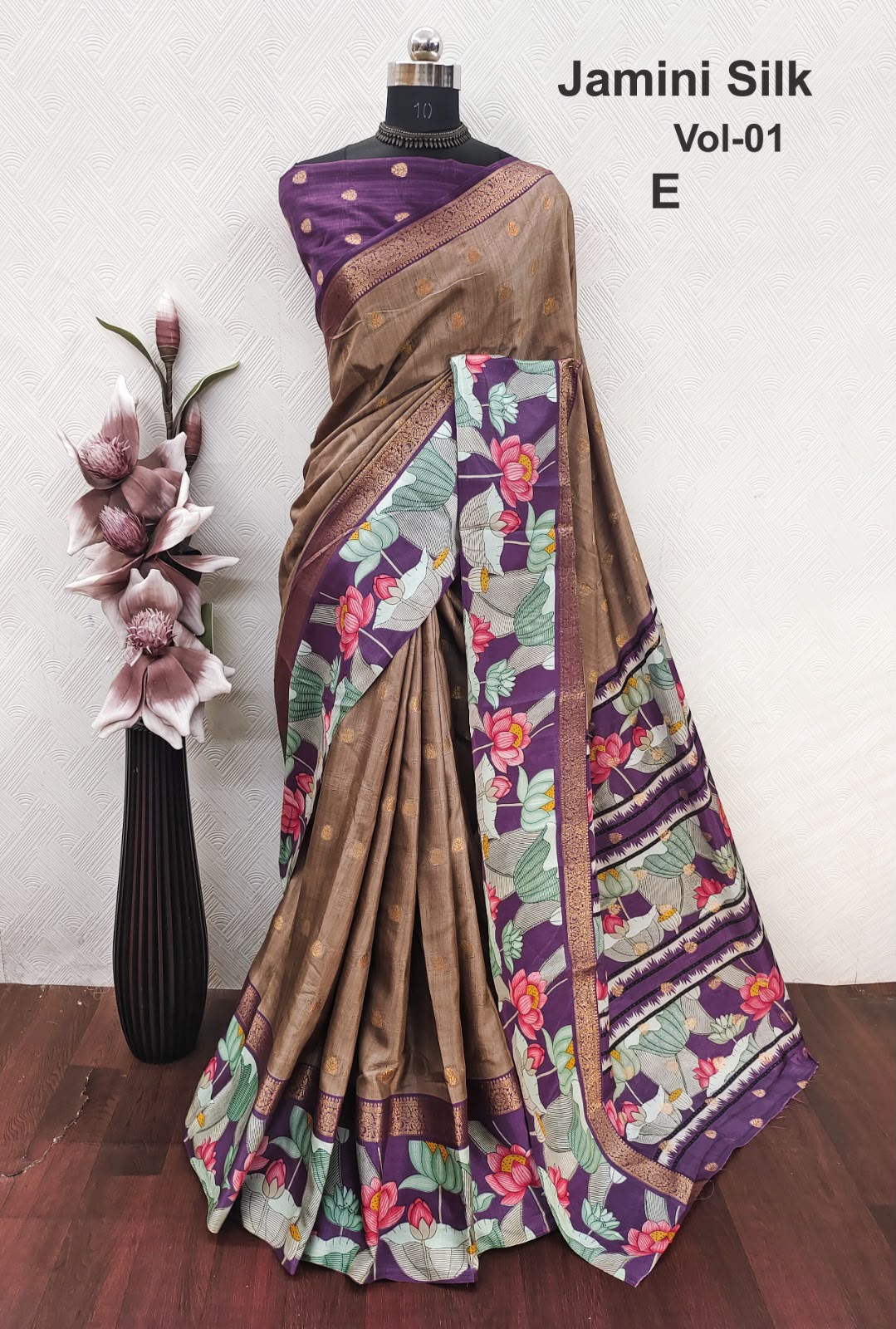 Diya sarees - Coffee & Purple Floral Silk Saree