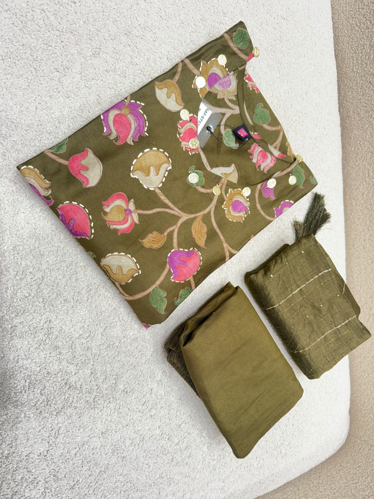 Diya sarees - Olive green Saffron 3-piece Kurti se