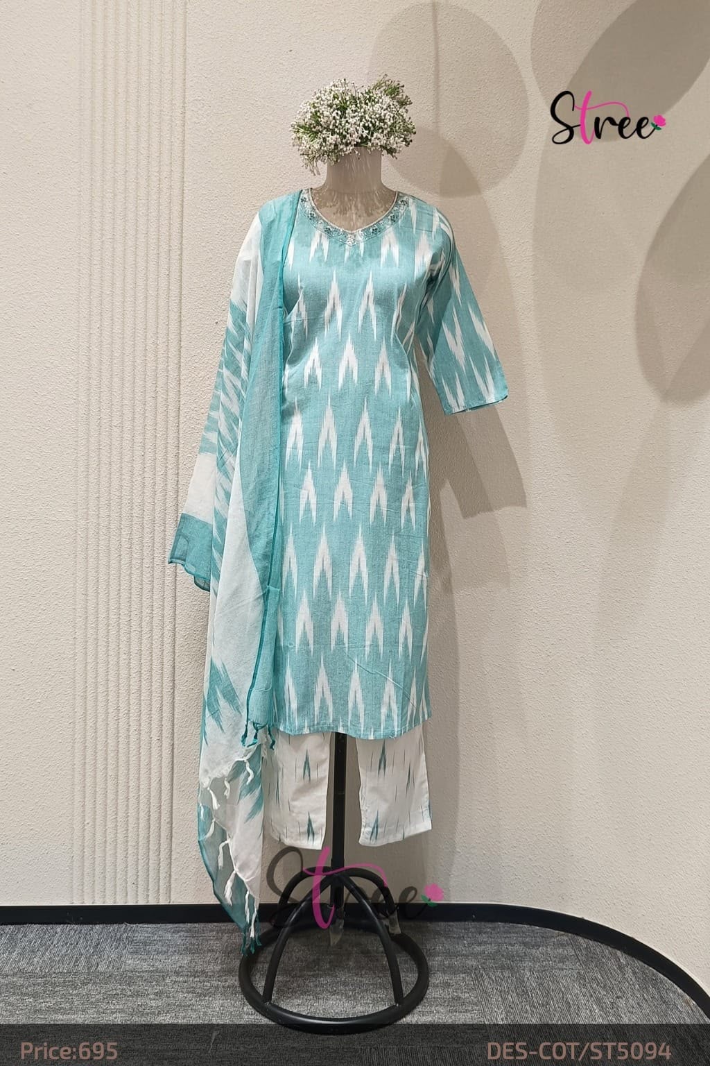 Diya sarees - Ekat cotton print with neck work 3-piece Kurti sets