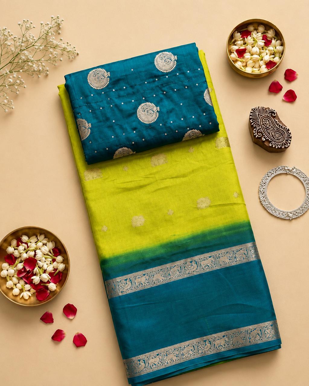 Diya sarees - Parrot Green Dola Silk Saree
