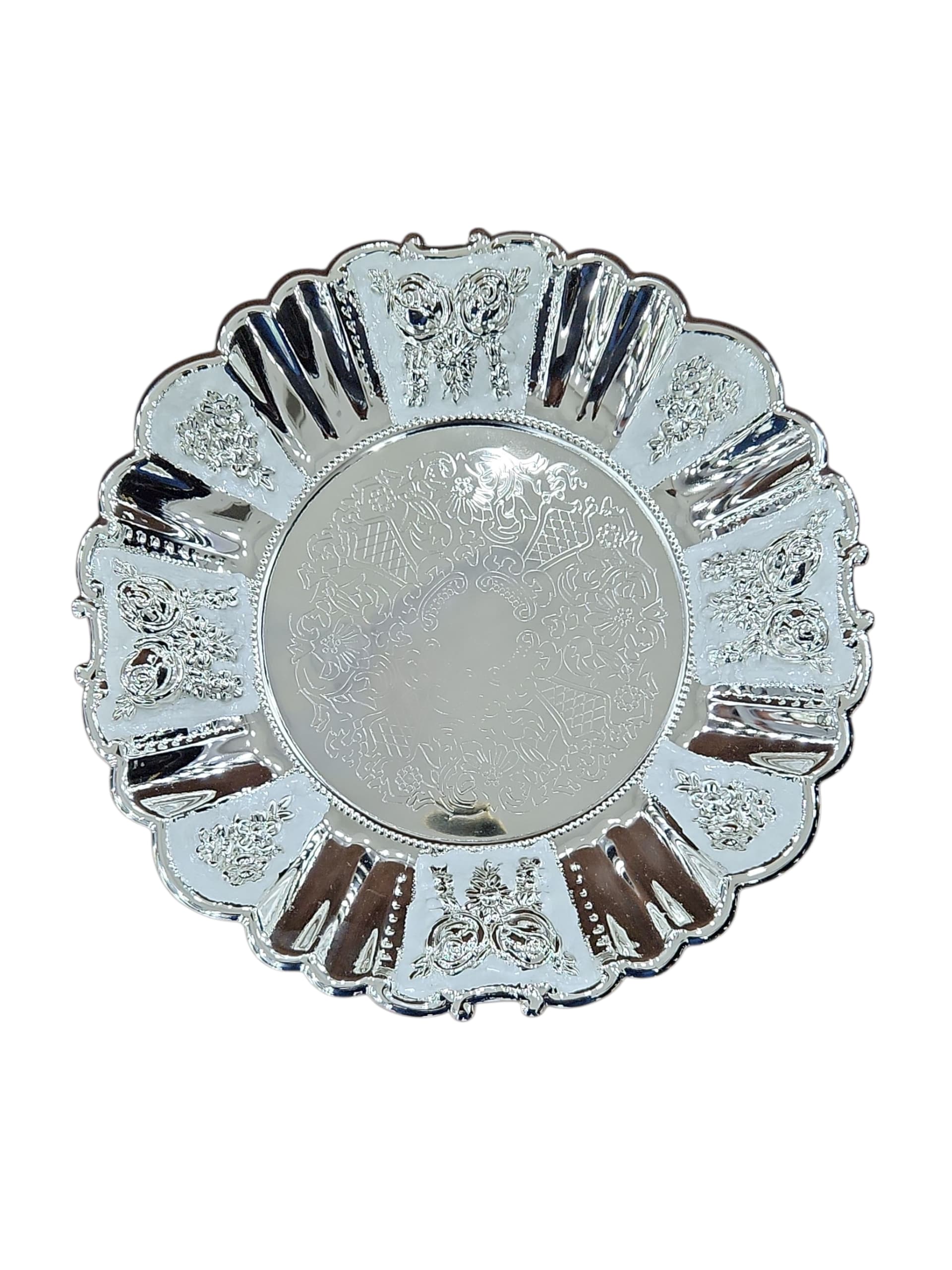 Silver Plated Round Platter with Enameled Floral Border