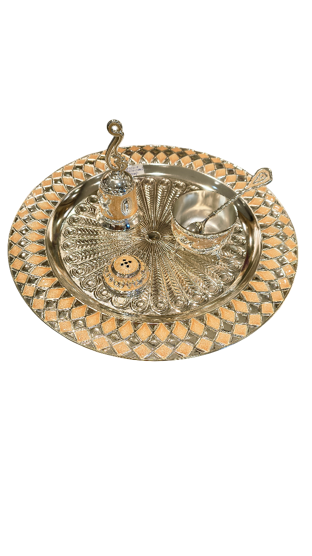 Elegant Silver Plated Pooja Thali Set with a Peach-Tone Finish