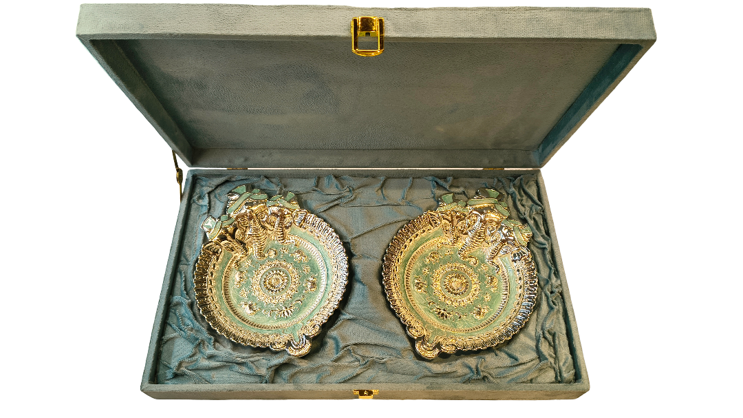 Ganesha Silver Plated Platter with Green Enamel 2 Pcs