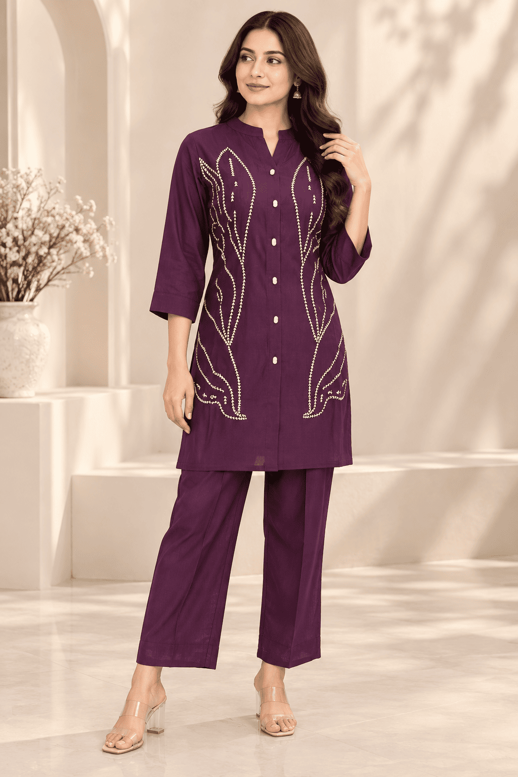 Kamal Exclusive - Deep Purple Embroidered Straight Kurta Pant Set