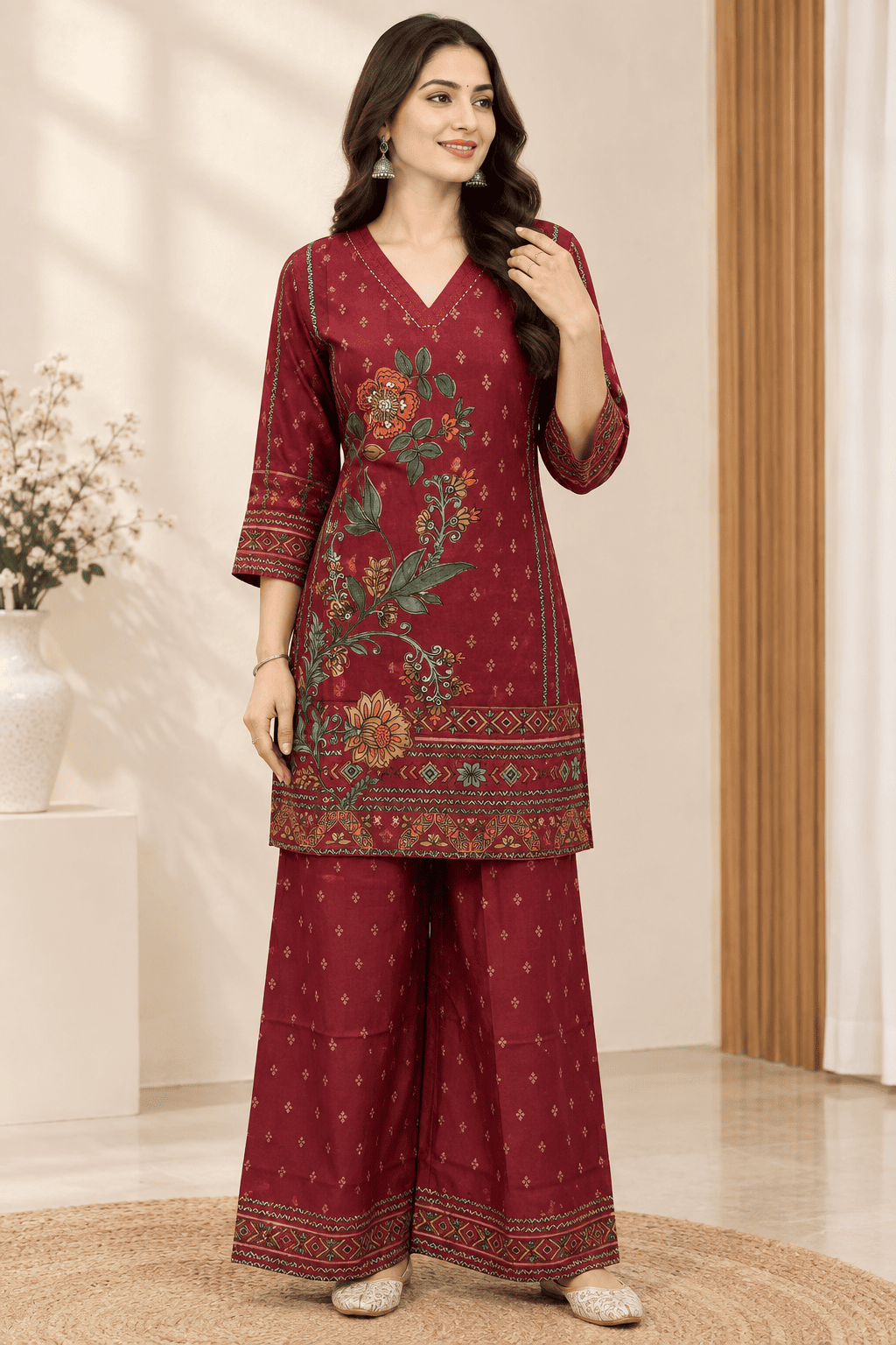 Kamal Exclusive - Maroon Floral Printed Co-ord Set