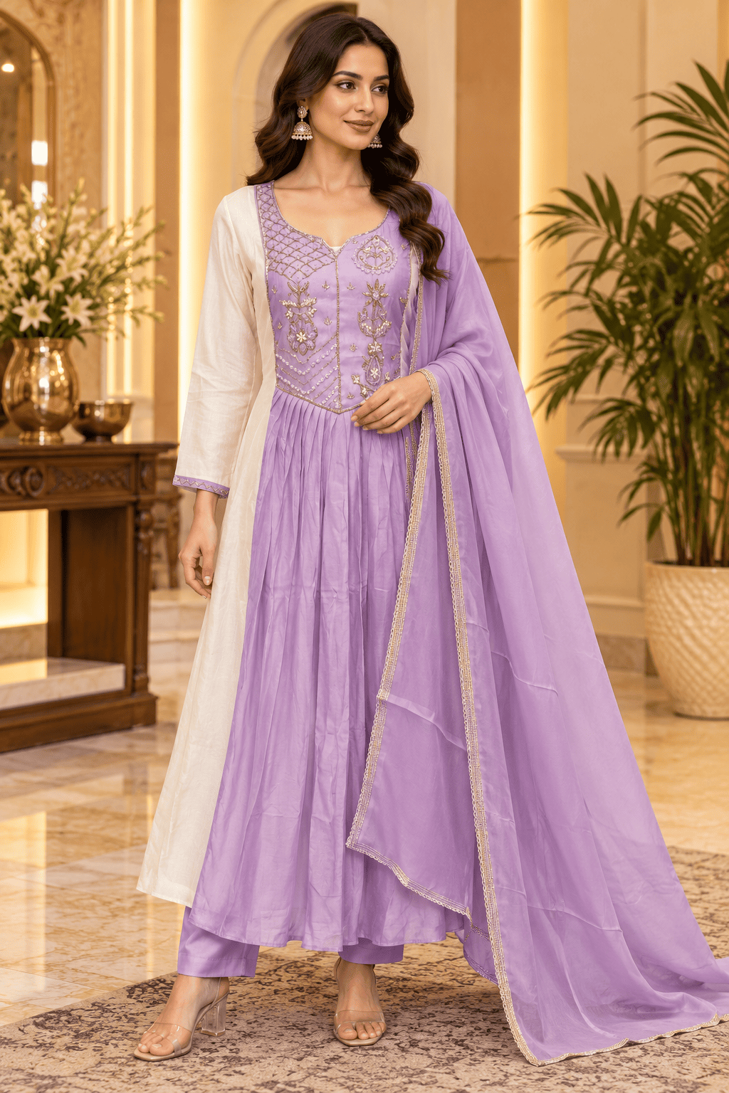 Kamal Exclusive - Lavender & White Embroidered Anarkali 3-Piece Set