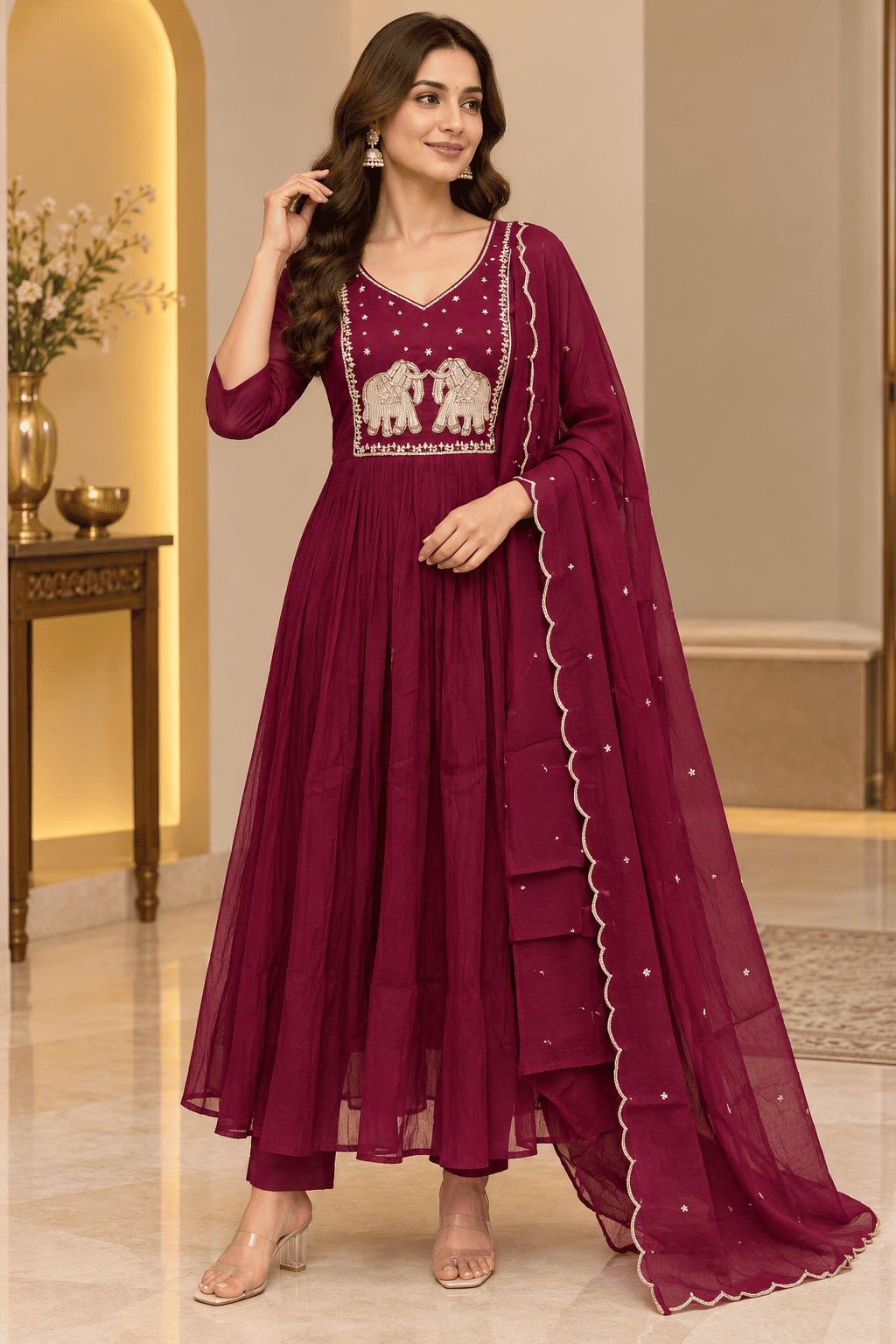 Kamal Exclusive - Wine Maroon Embroidered Anarkali 3-Piece Set