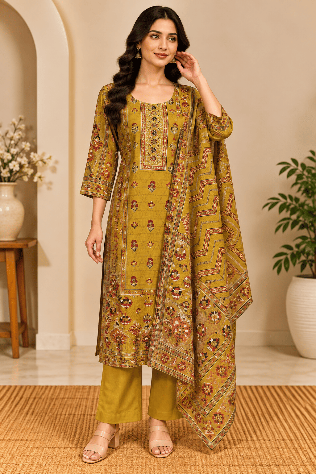 Kamal Exclusive - Mustard Yellow Printed 3-Piece KurtI Pant Dupatta Set