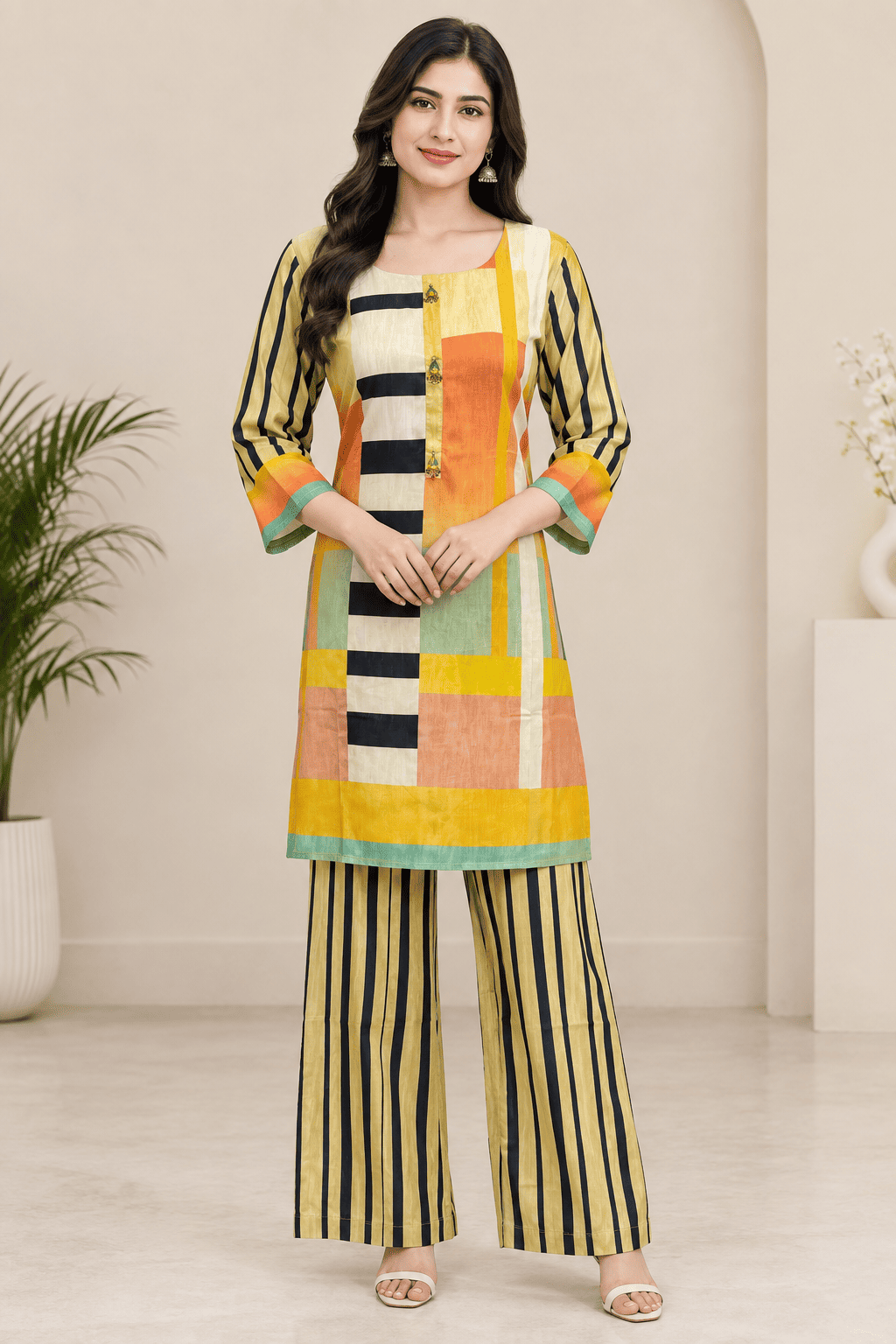 Kamal Exclusive - Sunshine Stripe Printed Co-Ord Set