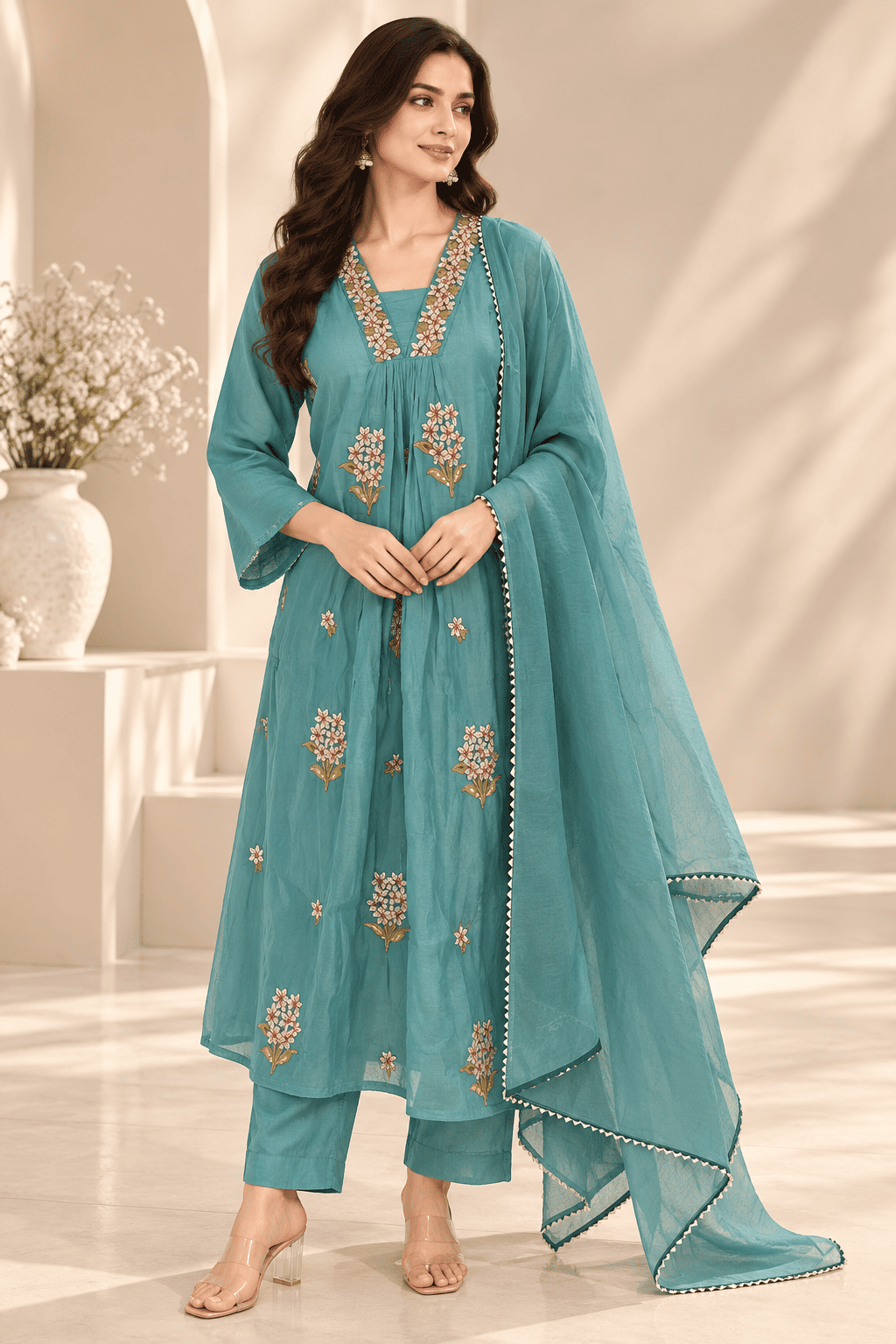 Kamal Exclusive - Teal Blue Floral Embroidered Anarkali 3-Piece Set