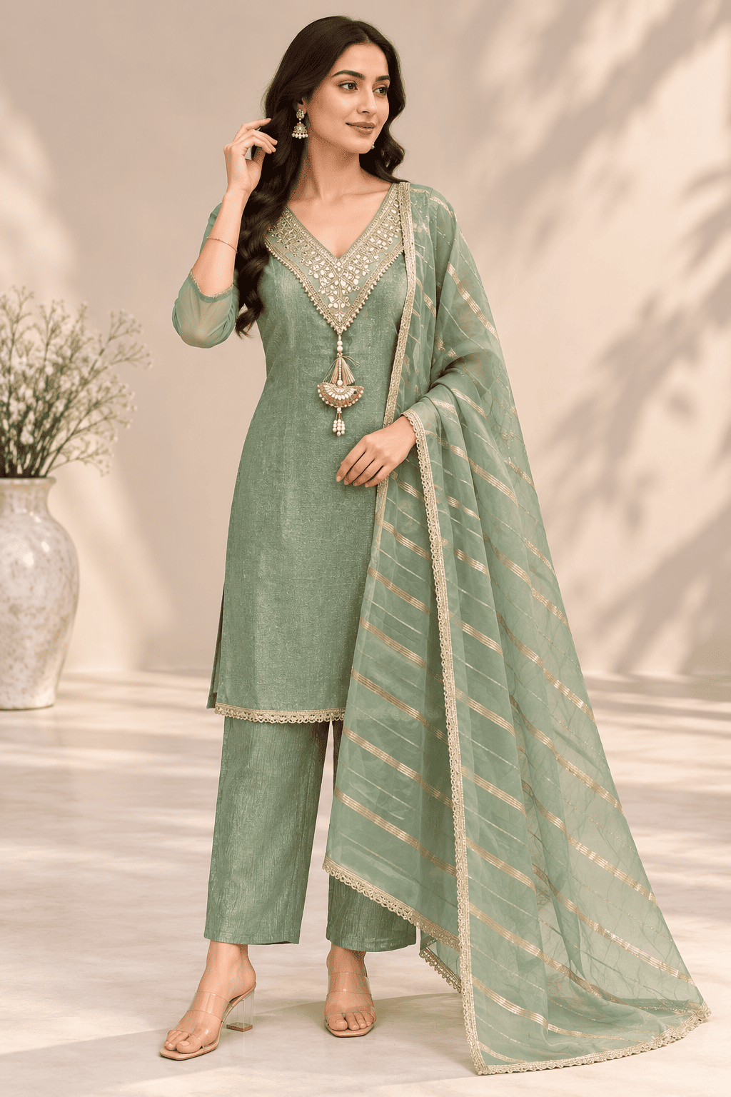 Kamal Exclusive - Sage Green Embellished 3-Piece Suit Set