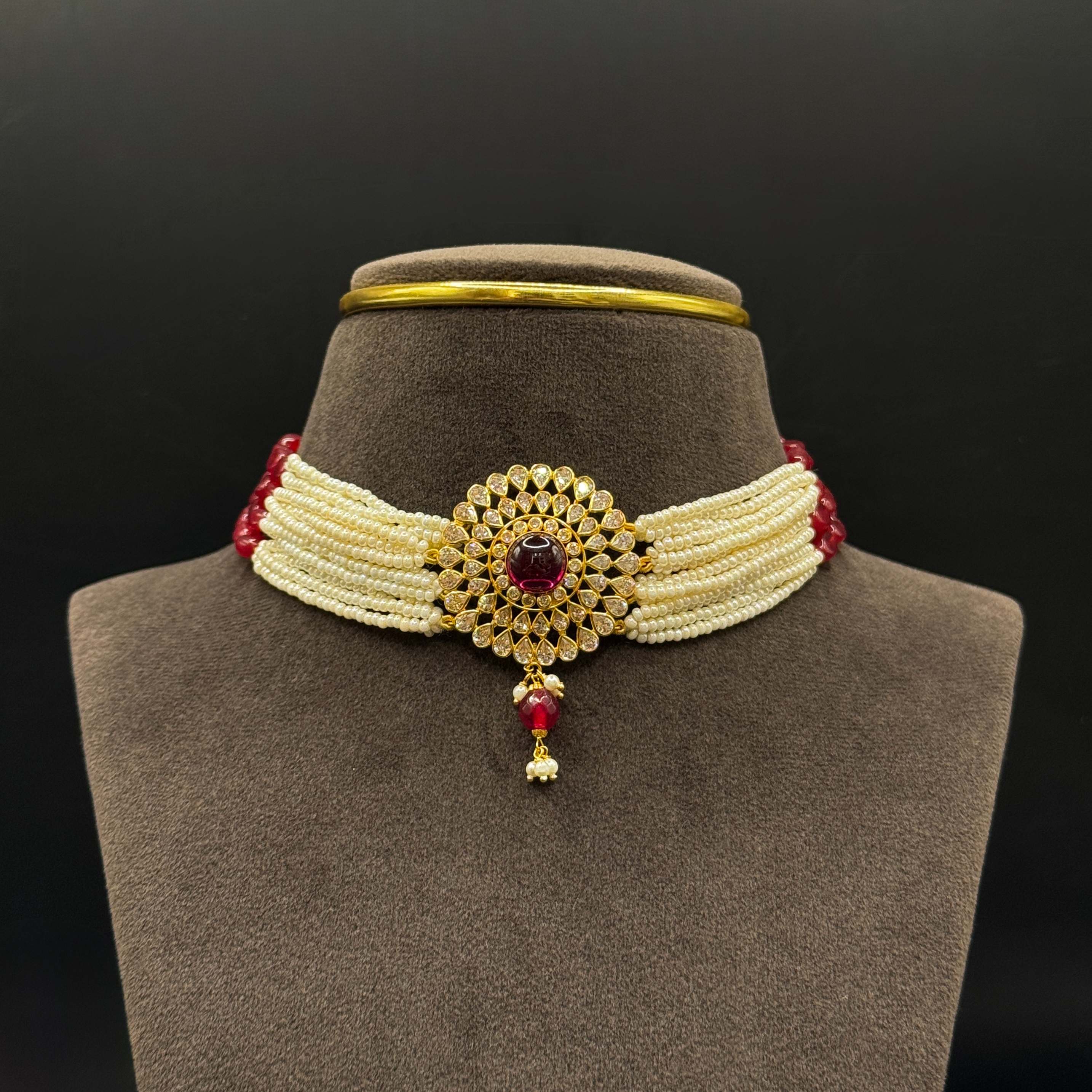 Kimtee Jewellers - Red Pearl Lightweight 916 Gold Choker