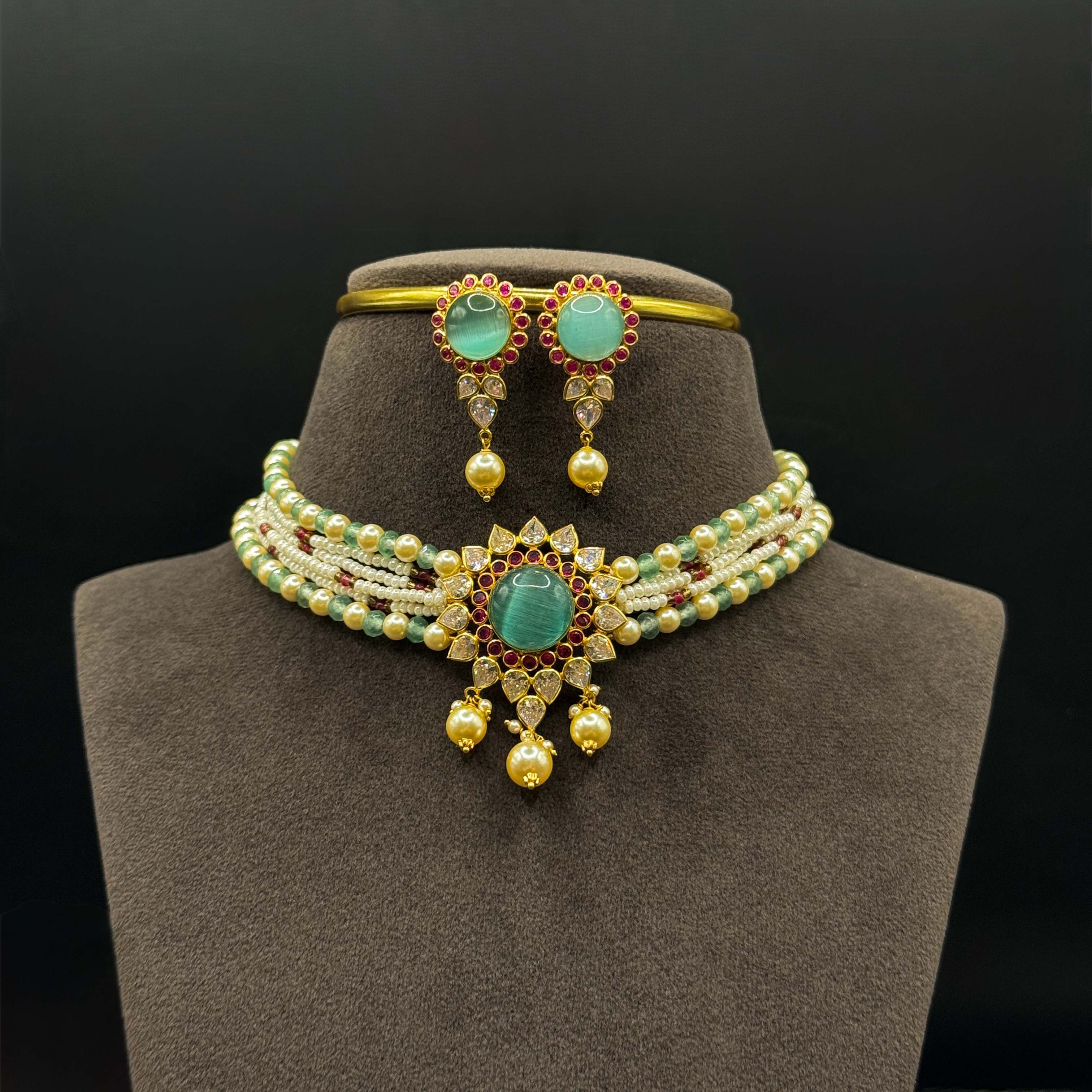Kimtee Jewellers - Monalisa Teal Blue Lightweight 916 Gold Pearl Choker Set