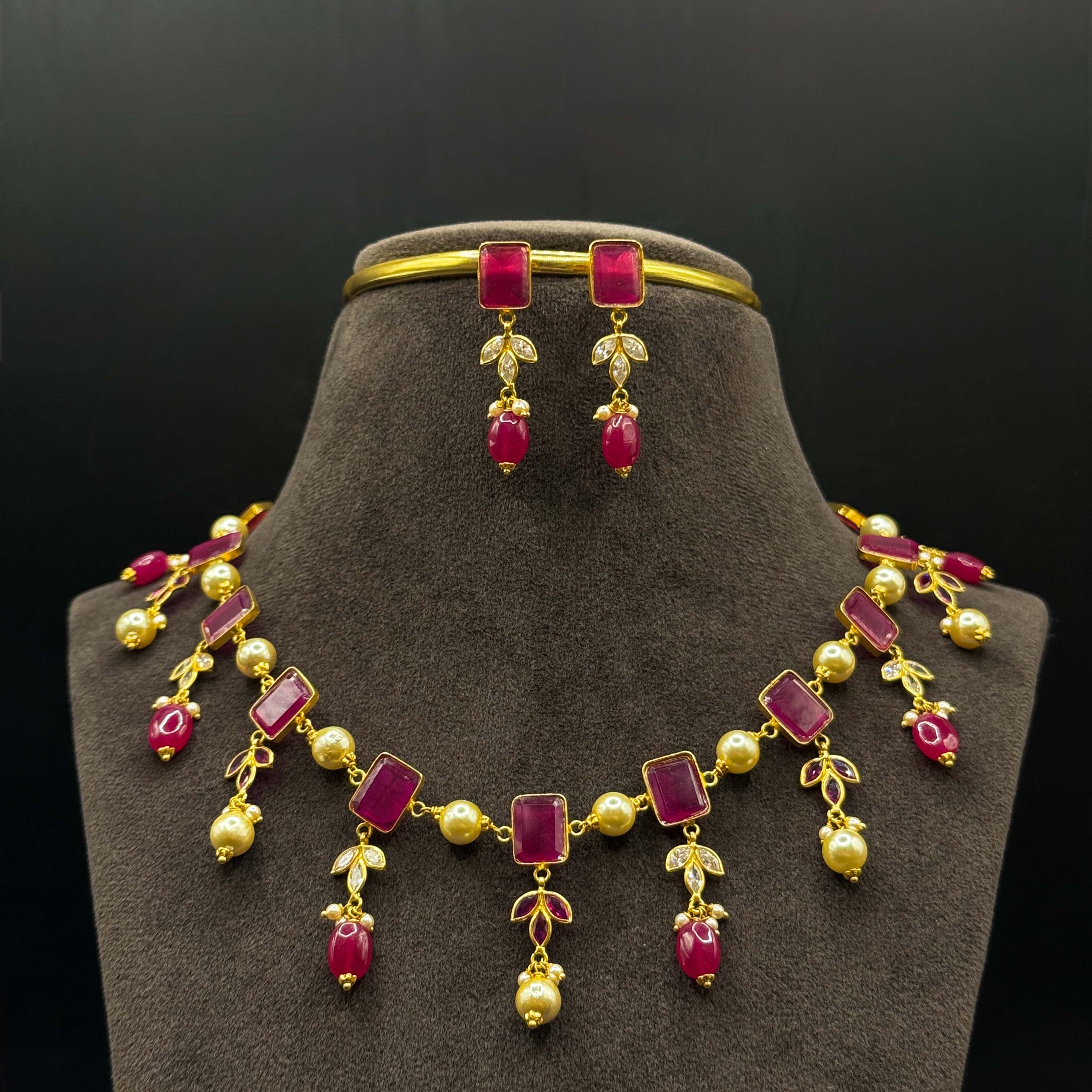 Kimtee Jewellers - Red Ruby Pearl 916 Gold Necklace Set