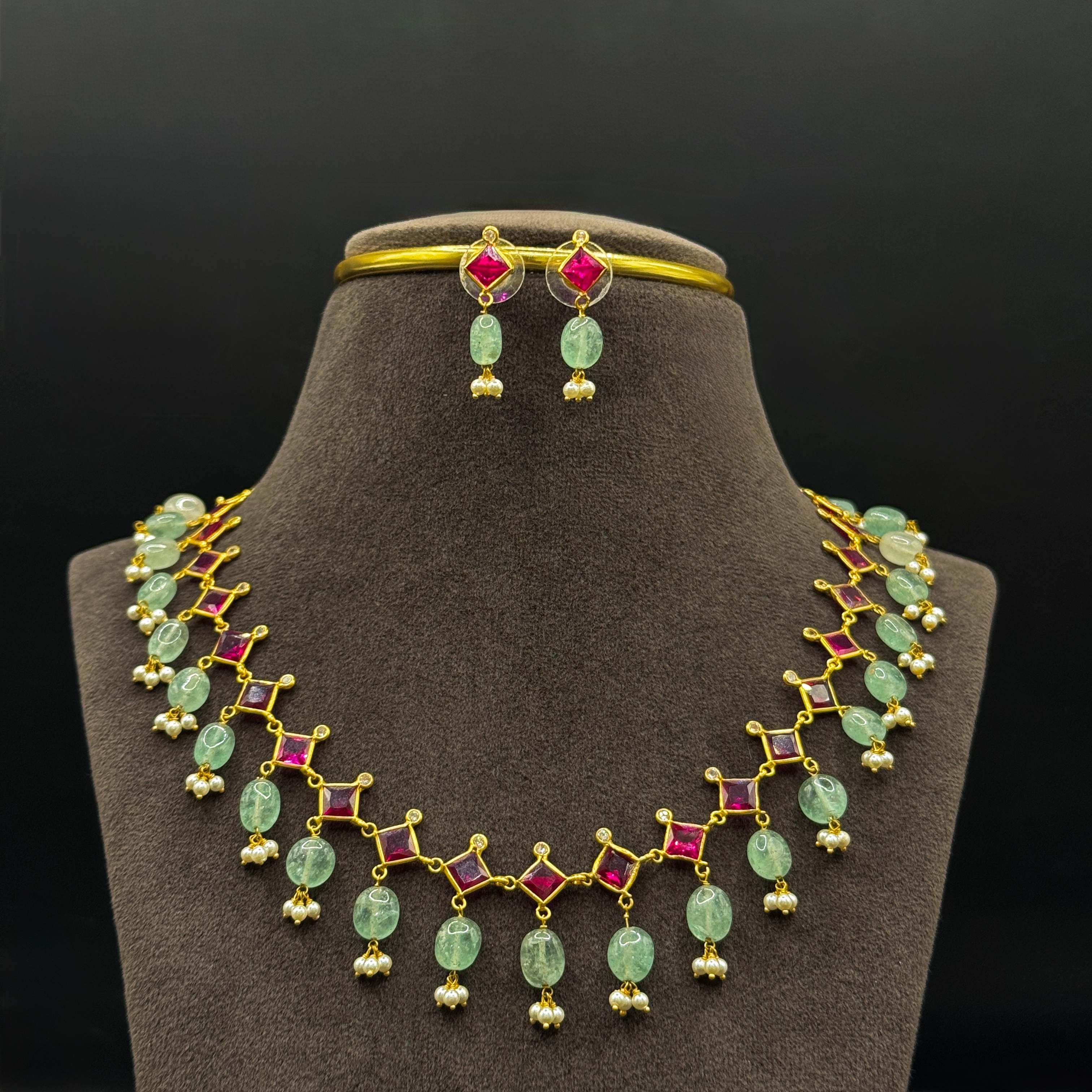 Kimtee Jewellers - Mint Green Drops Pearl 916 Gold Necklace Set