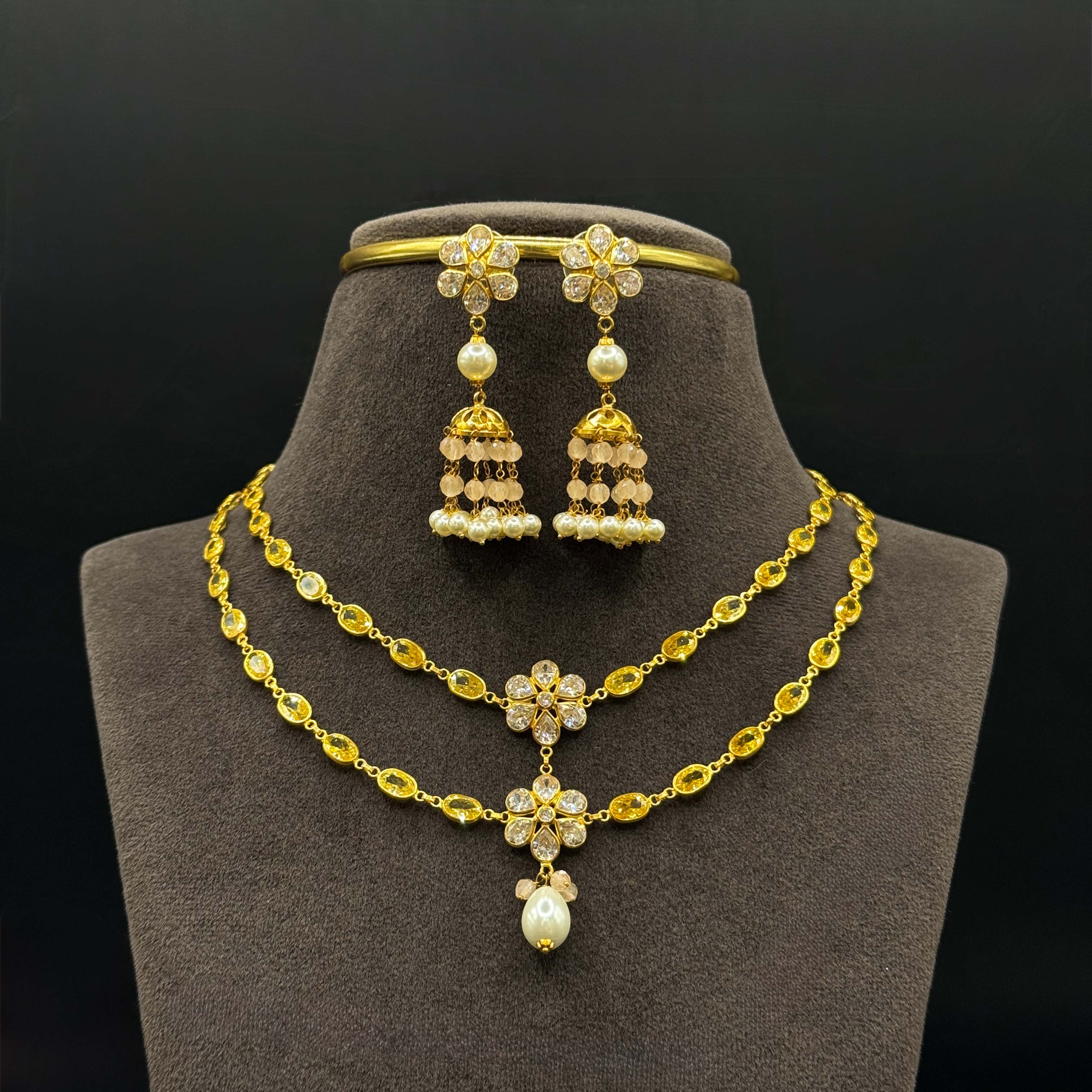 Kimtee Jewellers - Yellow Sapphire Pearl Jhumka Gold Set