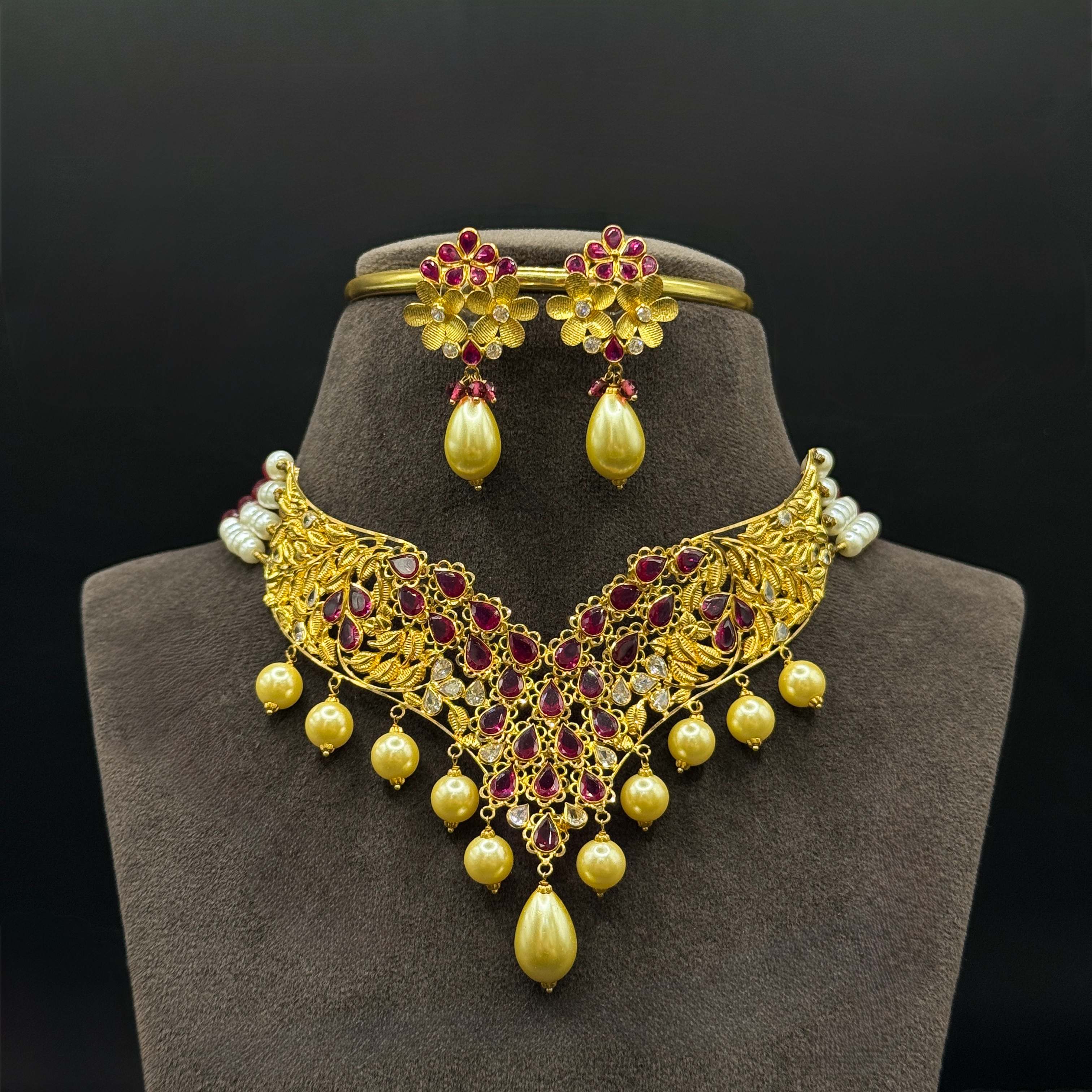 Kimtee Jewellers - Red Flower Gold Pearl Choker Set