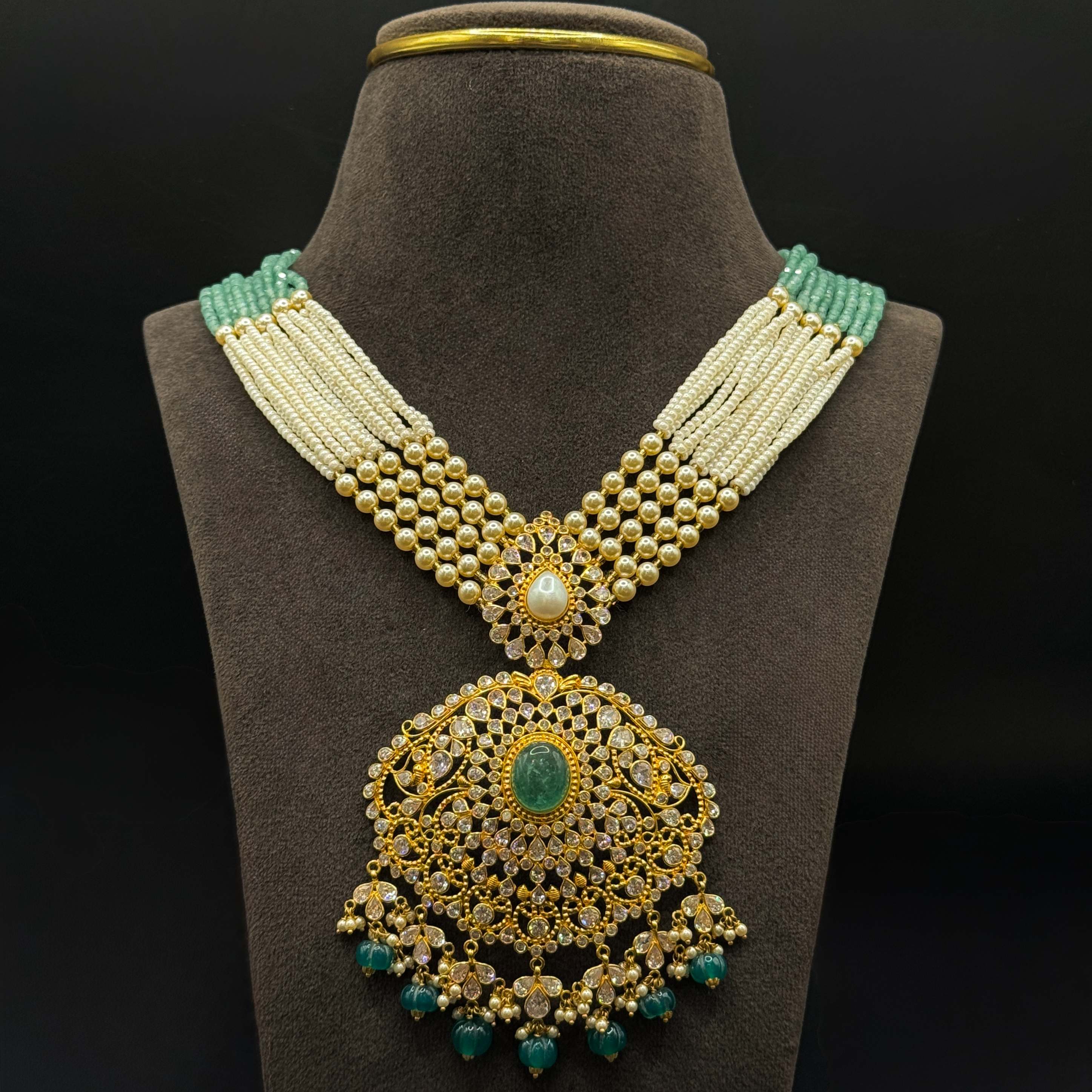 Kimtee Jewellers - Mint Green Pearl Necklace 916 Gold Mala