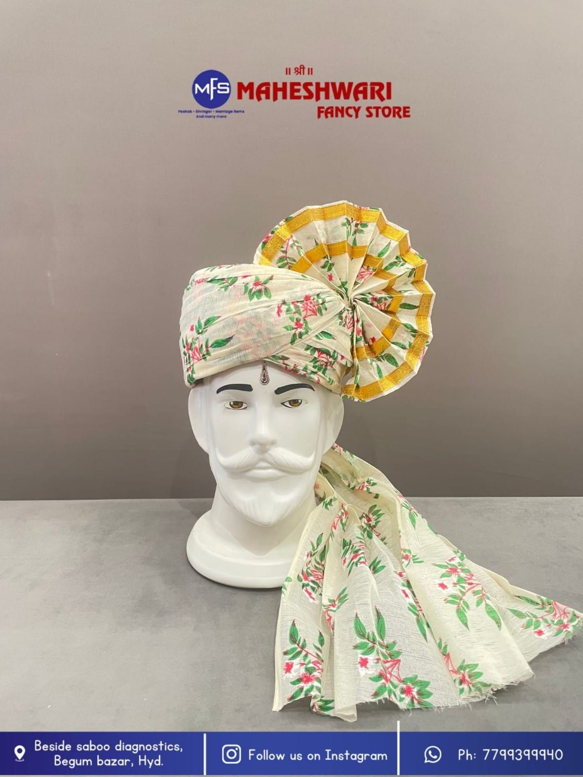 Digital White Leaf Barati Pagdi Fabric