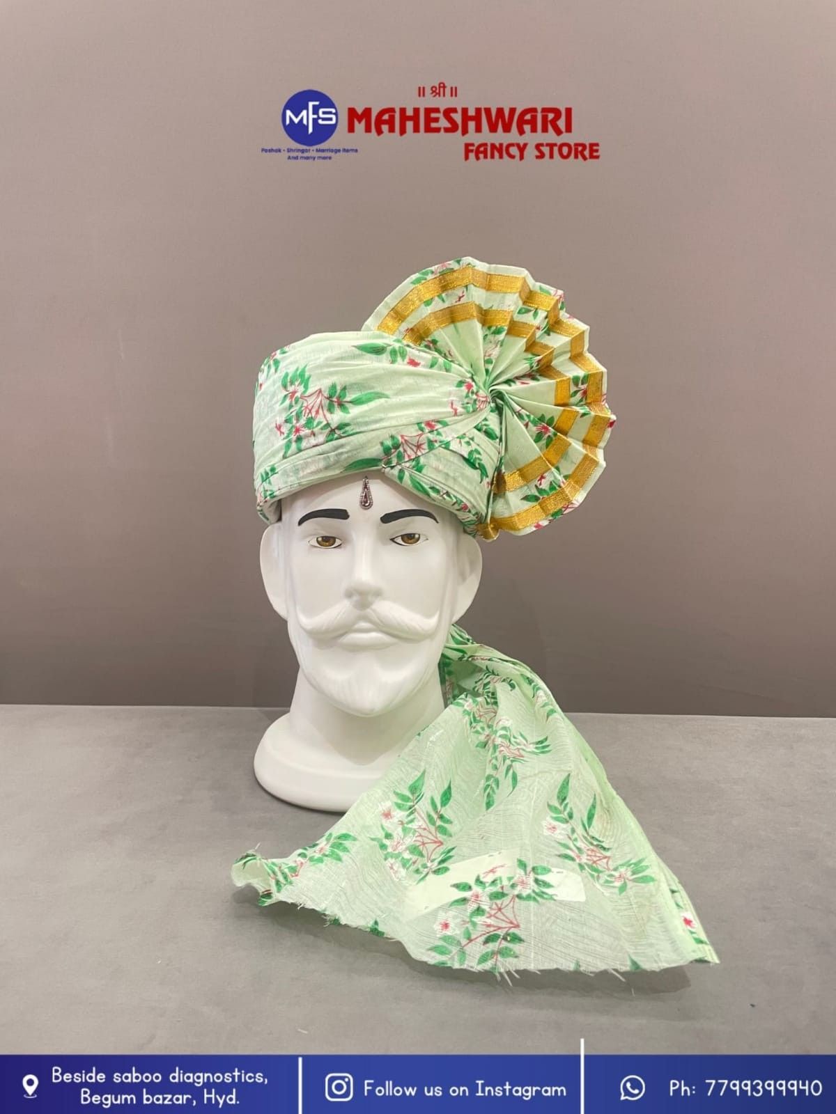 Digital Pista Leaf Barati Pagdi Fabric