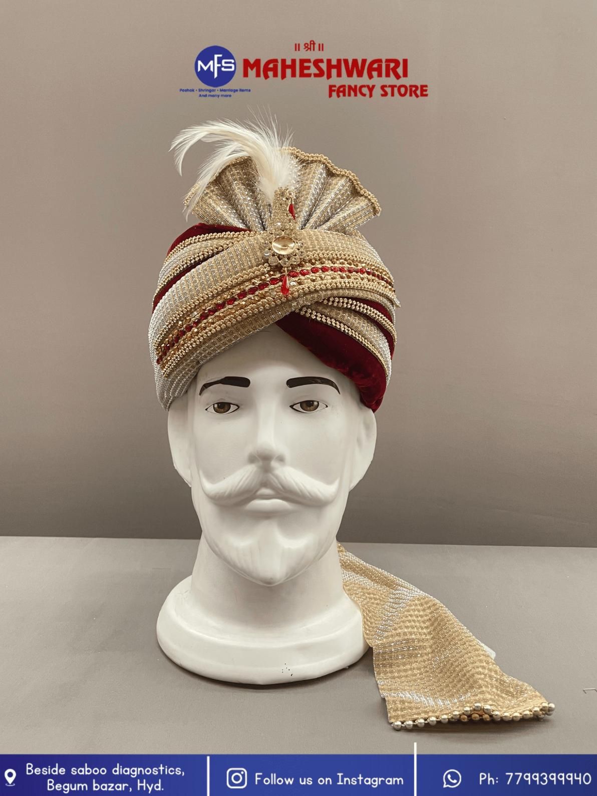 Fancy Golden Maroon Stone Dulha Pagdi