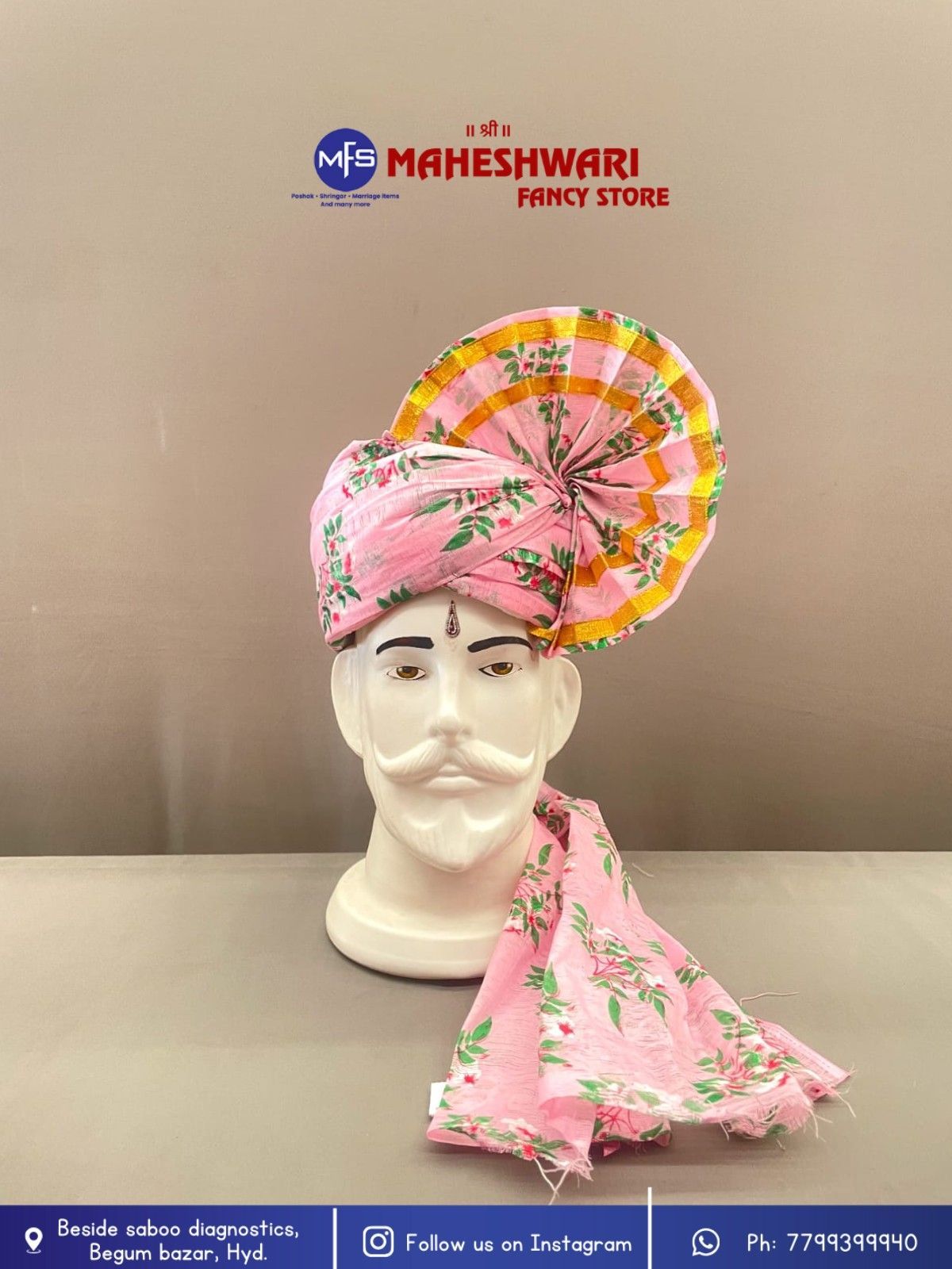 Digital Pink Leaf Barati Pagdi Fabric